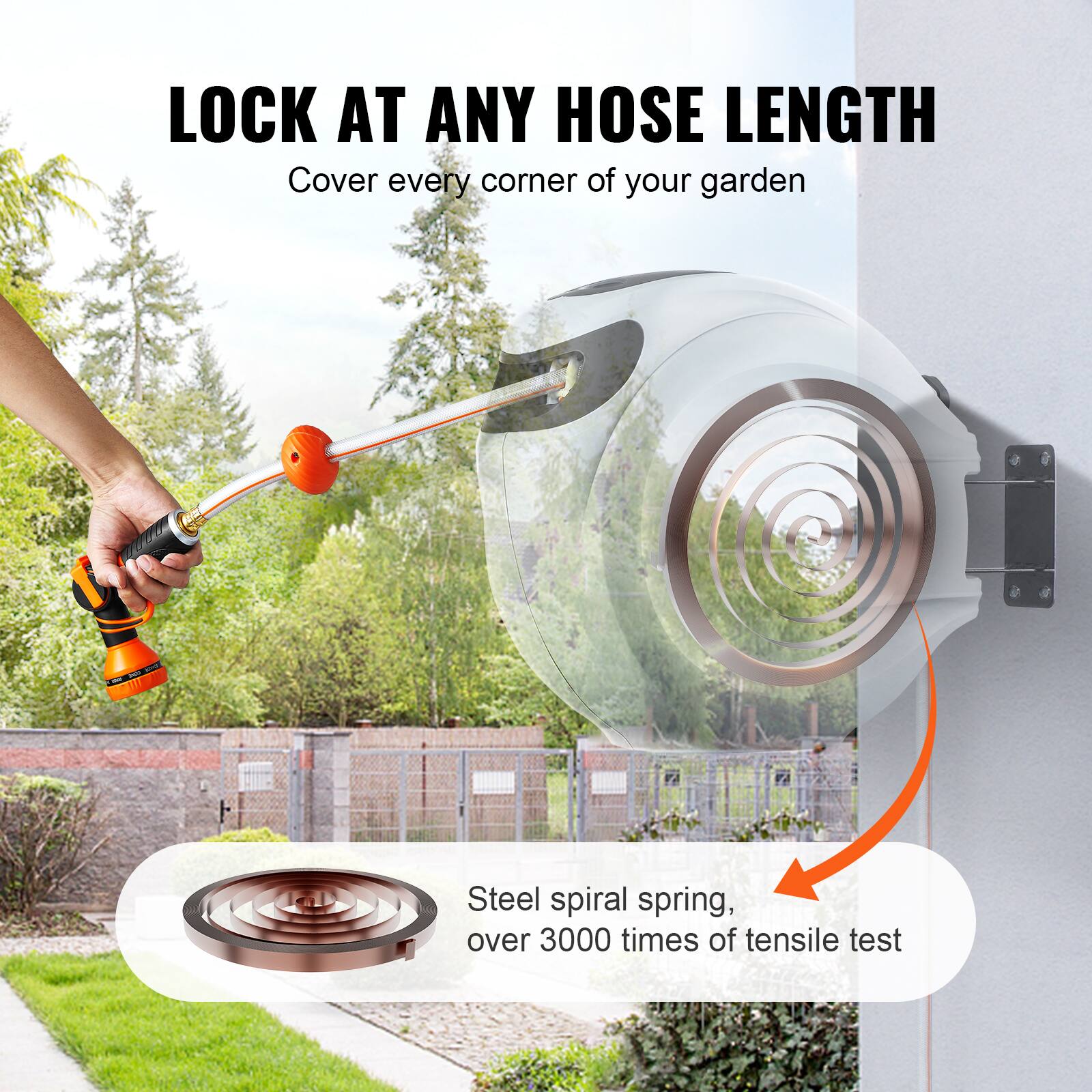 LOCK AT ANY HOSE LENGTH

Cover every corner of your garden

Steel spiral spring, over 3000 times of tensile test