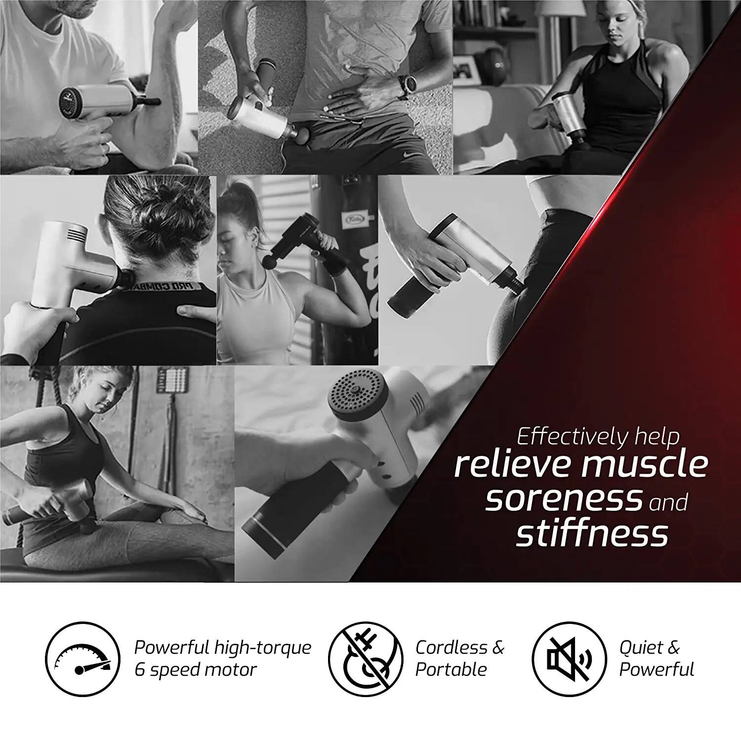 Effectively help relieve muscle soreness and stiffness

Powerful high-torque 6 speed motor

Cordless & Portable

Quiet & Powerful