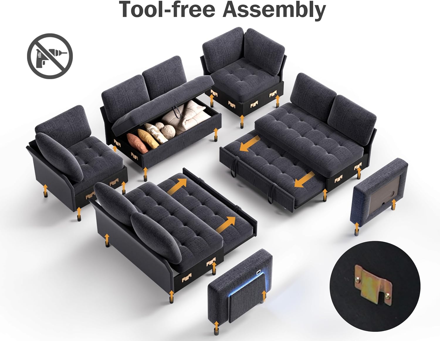 Alt View 2. Dyonery - Dyoney 102-inch, large combination U-shaped sofa, with pull-out bed/reclining backrest/table/storage, tool-free assembly - Grey.