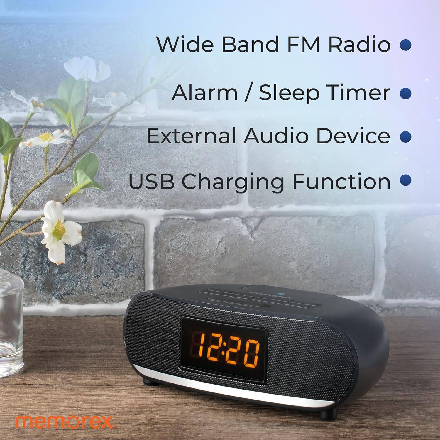 Wide Band FM Radio, Alarm / Sleep Timer, External Audio Device, USB Charging Function, 8:28, memorex