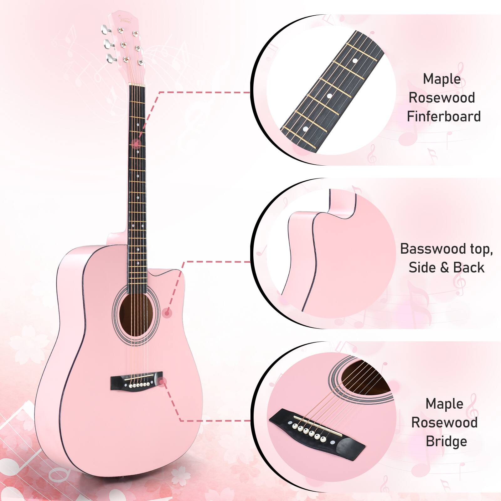 Maple Rosewood Fingerboard  
Basswood top, Side & Back  
Maple Rosewood Bridge