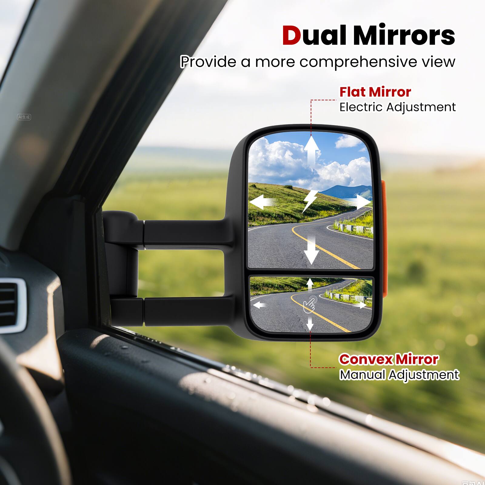 Dual Mirrors  
Provide a more comprehensive view  

Flat Mirror  
Electric Adjustment  

Convex Mirror  
Manual Adjustment
