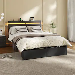 Furnulem - Platform Bed with 2 Drawers and Open Storage Headboard Adjustable LED Light and Charging Station - Black