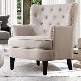 Boyel Living - Velvet Button Tufted Accent Chair with Nailhead Trim and Solid Wood Legs - Beige