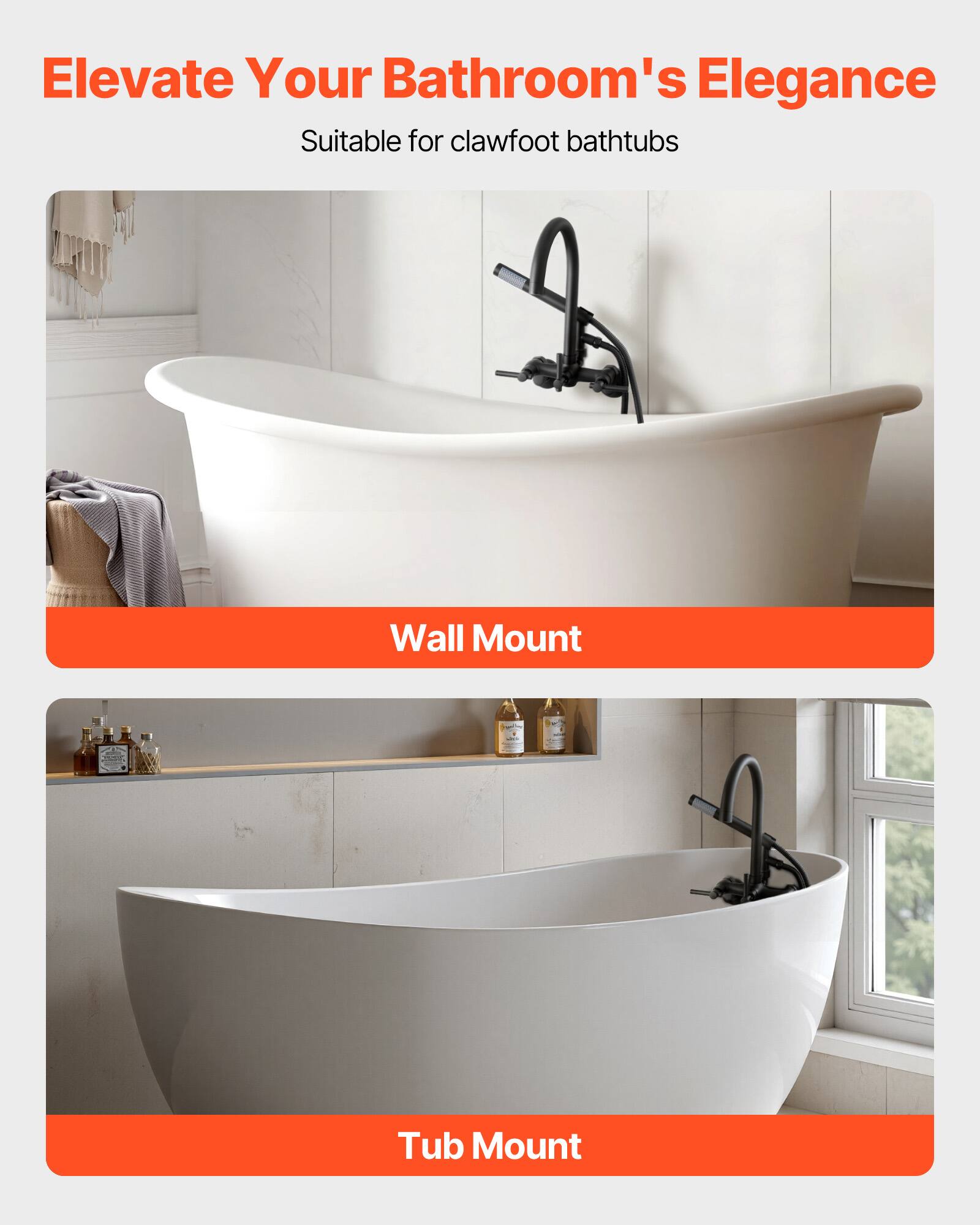 Elevate Your Bathroom's Elegance  
Suitable for clawfoot bathtubs  

Wall Mount  

Tub Mount