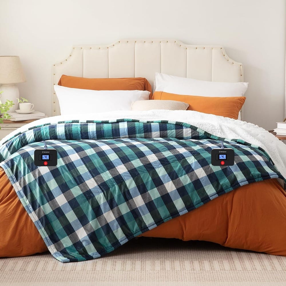 MOSZAR LLC - Electric Heated Blanket Queen 84"x90" – Flannel Sherpa, Dual Control - Green