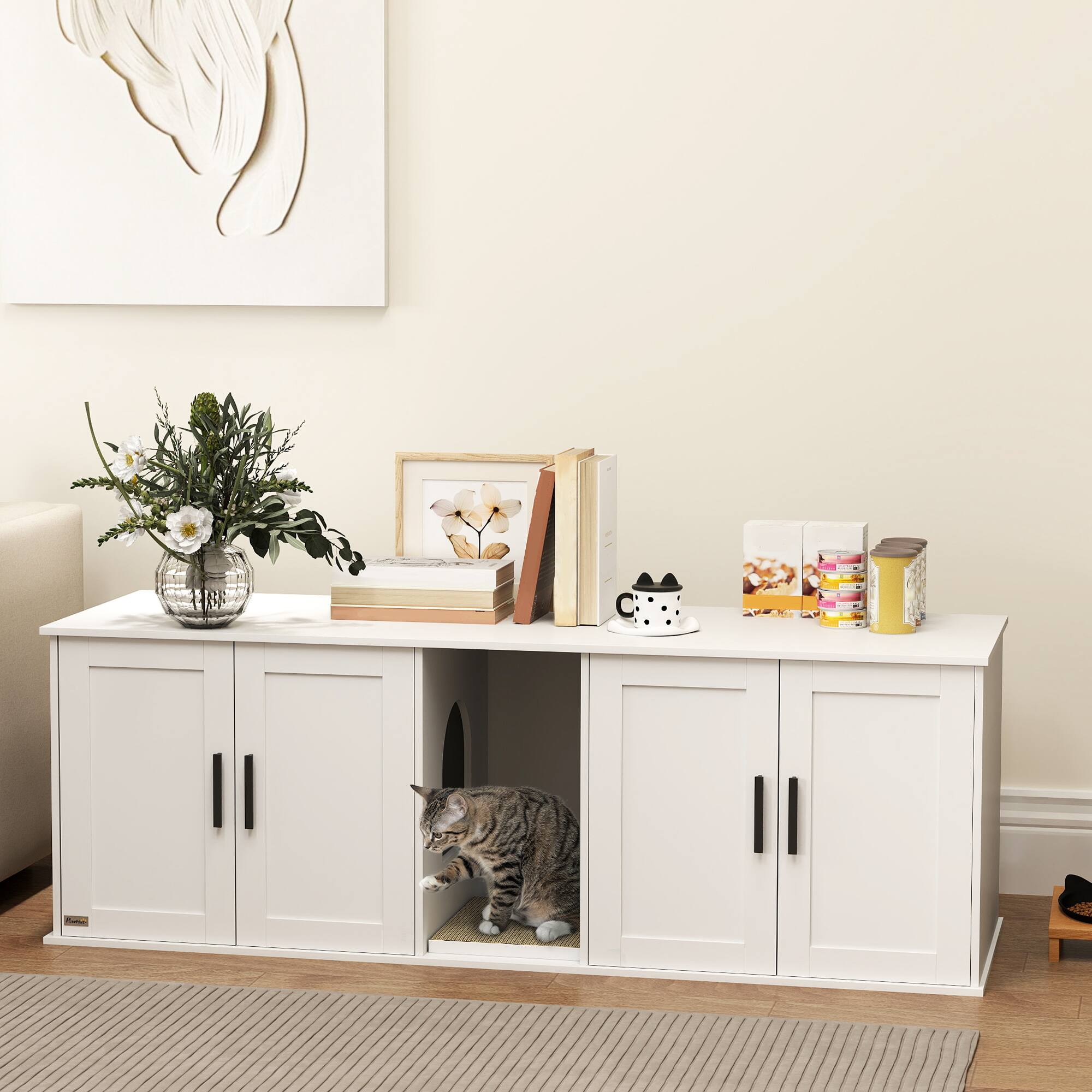 Alt View 1. Pawhut - Litter Box Enclosure with Double Room, Scratching Mat for 2 Cats - White.