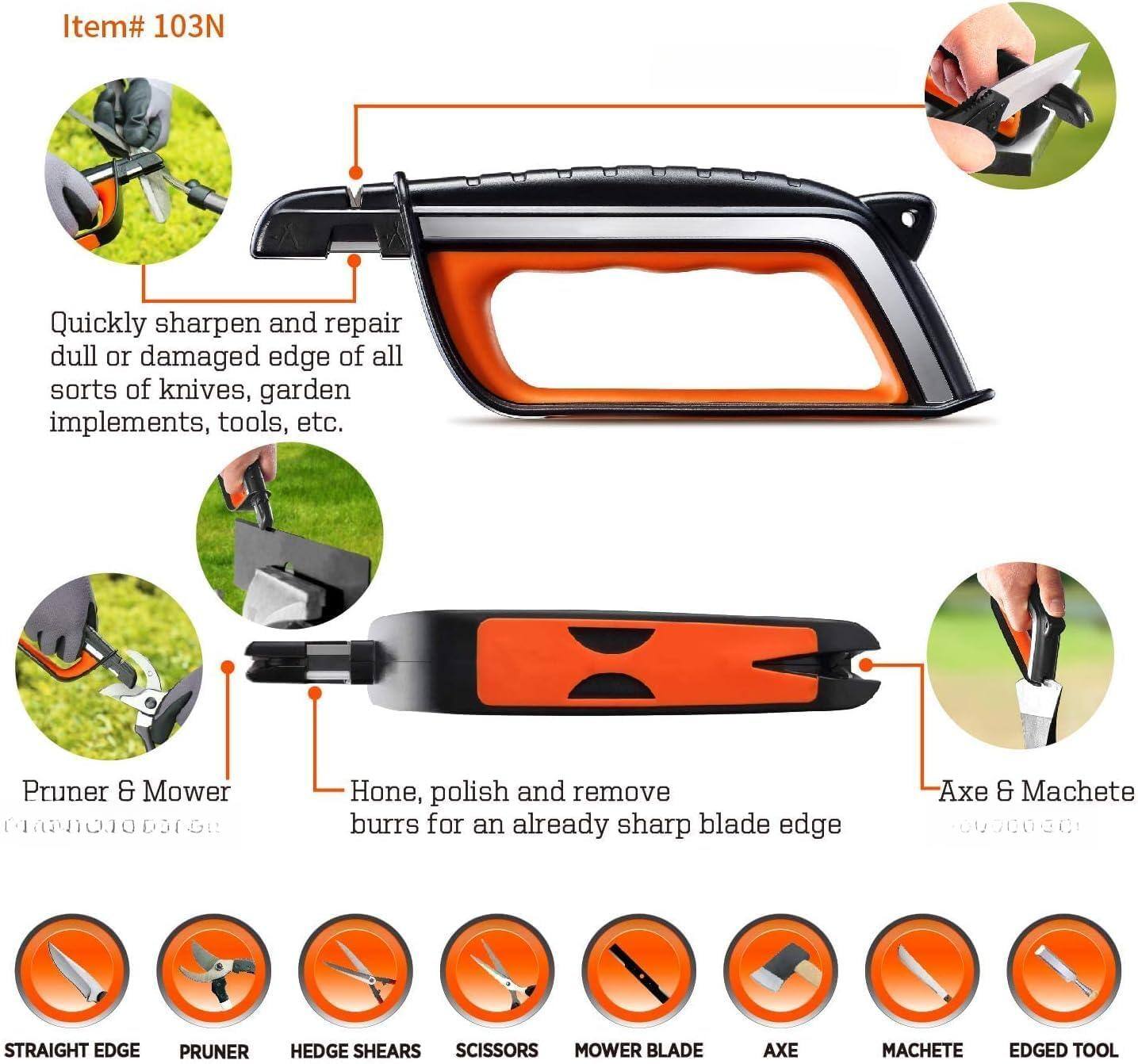 Item# 103N

Quickly sharpen and repair dull or damaged edge of all sorts of knives, garden implements, tools, etc.

Pruner & Mower
- Hone, polish and remove burrs for an already sharp blade edge

Axe & Machete
- Remove burrs for an already sharp blade edge

STRAIGHT EDGE
PRUNER
HEDGE SHEARS
SCISSORS
MOWER BLADE
AXE
MACHETE
EDGED TOOL