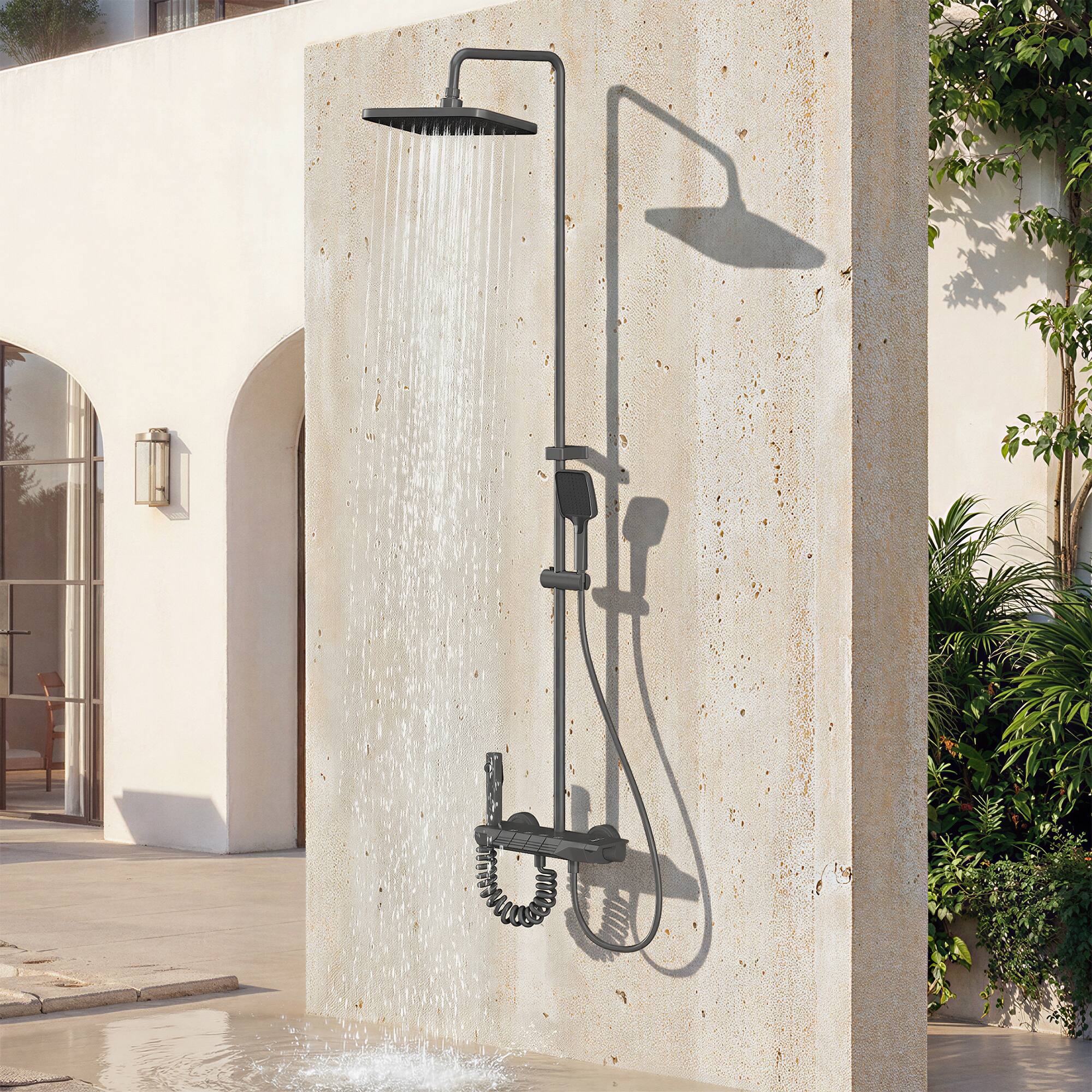 Angle. Famapy - Thermostatic Shower System 4 Spray Modes Rainfall Shower Combo with Handheld Waterfall & Spray Gun, Aluminum Shower Set - Gunmetal Gray.