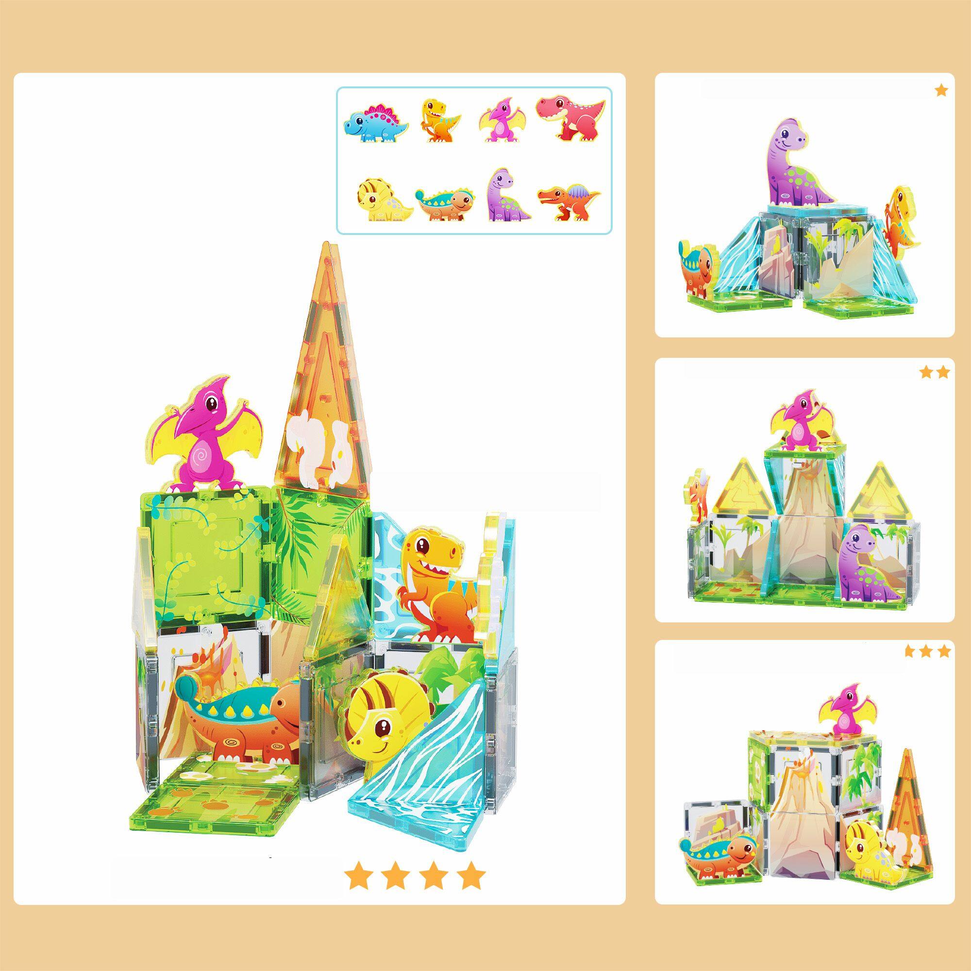 Alt View 4. PicassoTiles - PICASSO-TILES Magnetic Tiles for Kids, 26PCS Dinosaur Theme, Construction STEM Building Blocks Educational Toy - Multicolor.