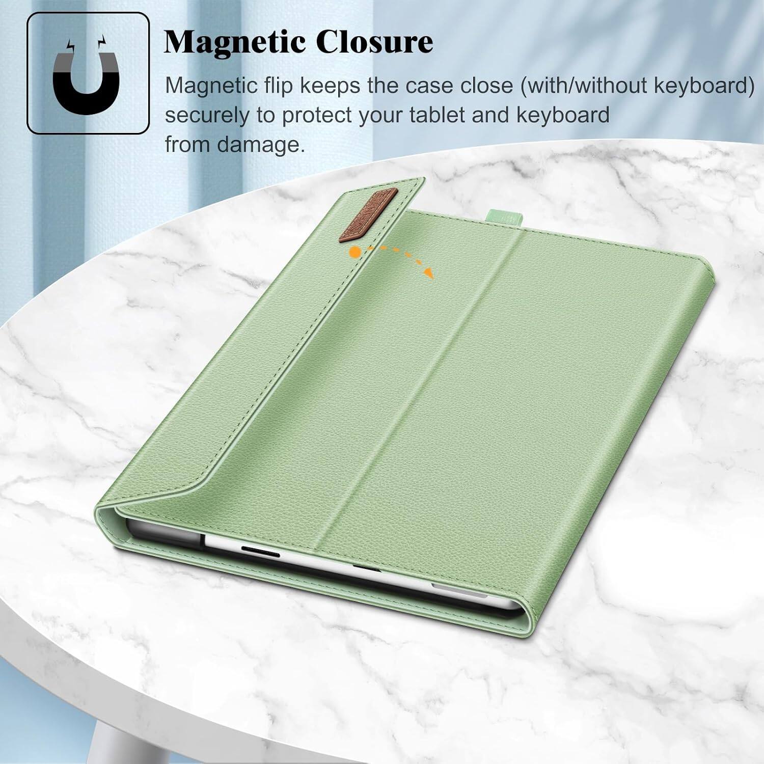 Magnetic Closure  
Magnetic flip keeps the case close (with/without keyboard) securely to protect your tablet and keyboard from damage.