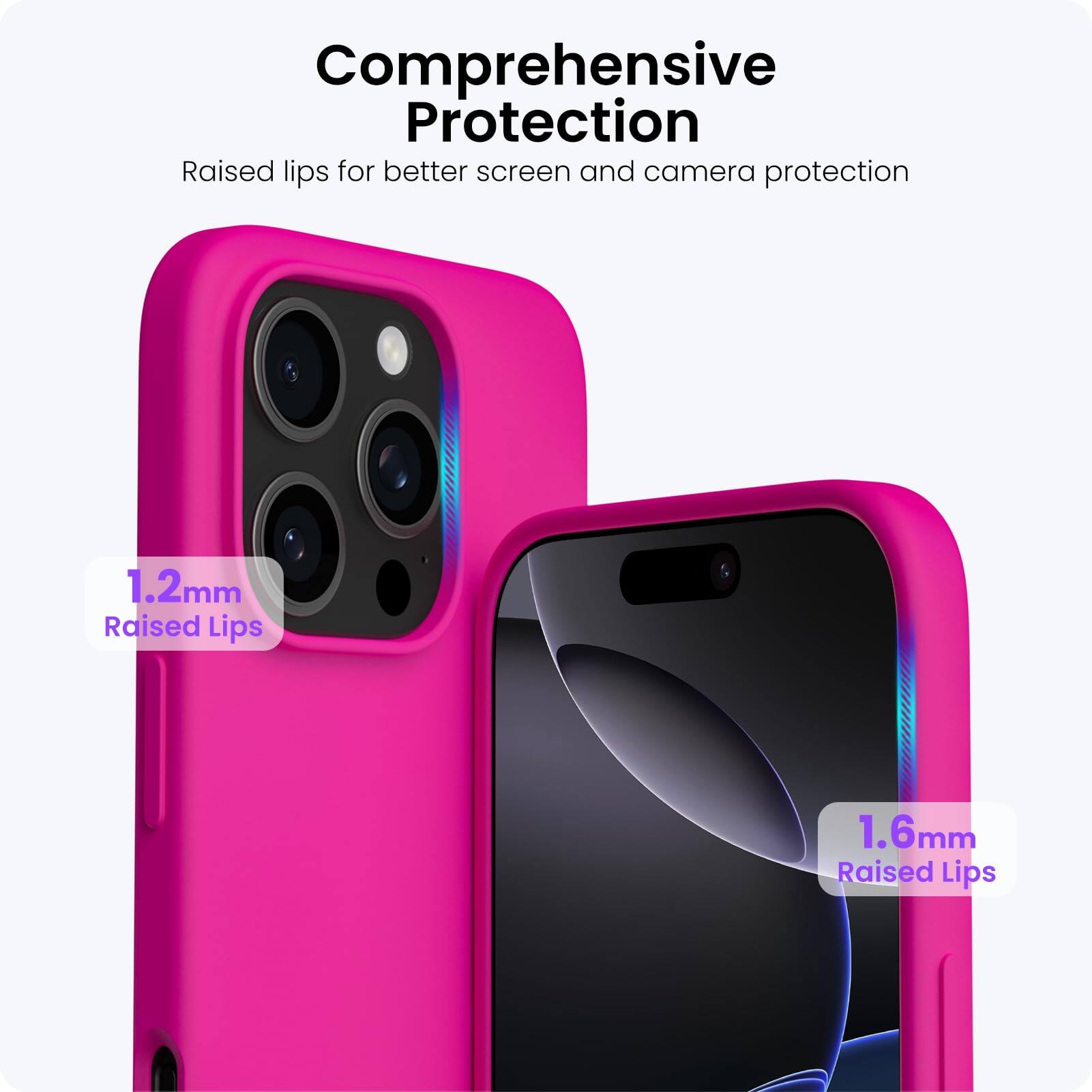 Comprehensive Protection
Raised lips for better screen and camera protection
1.2mm Raised Lips
1.6mm Raised Lips