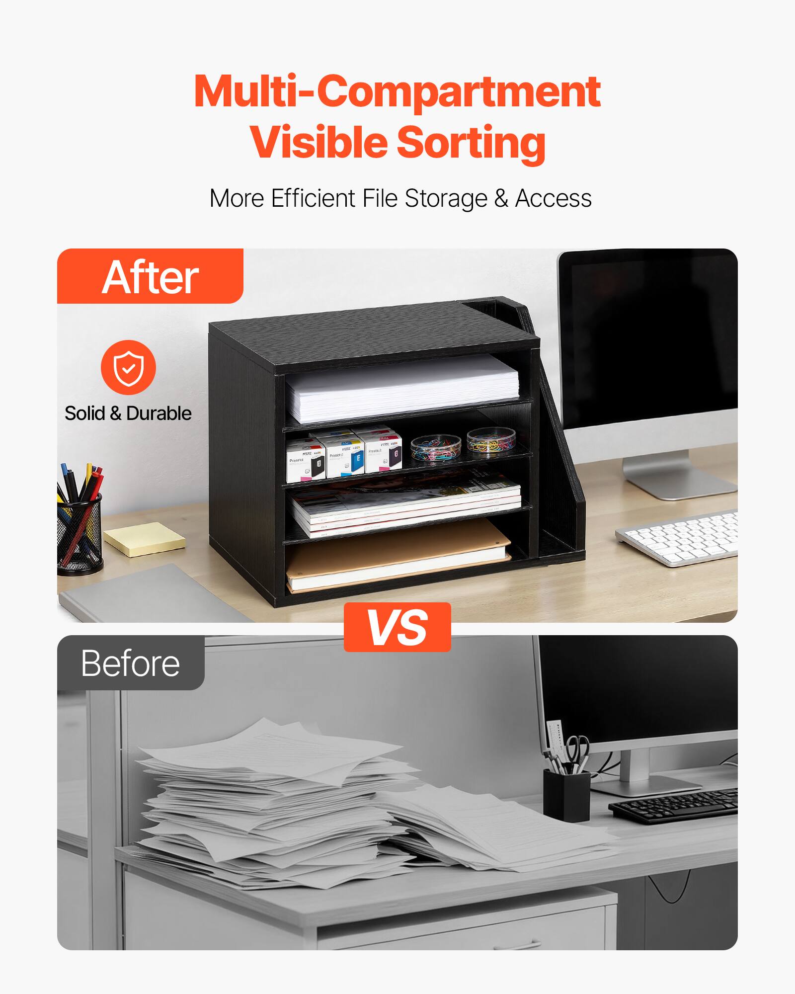 Multi-Compartment Visible Sorting  
More Efficient File Storage & Access  

After  
Solid & Durable  

VS  

Before