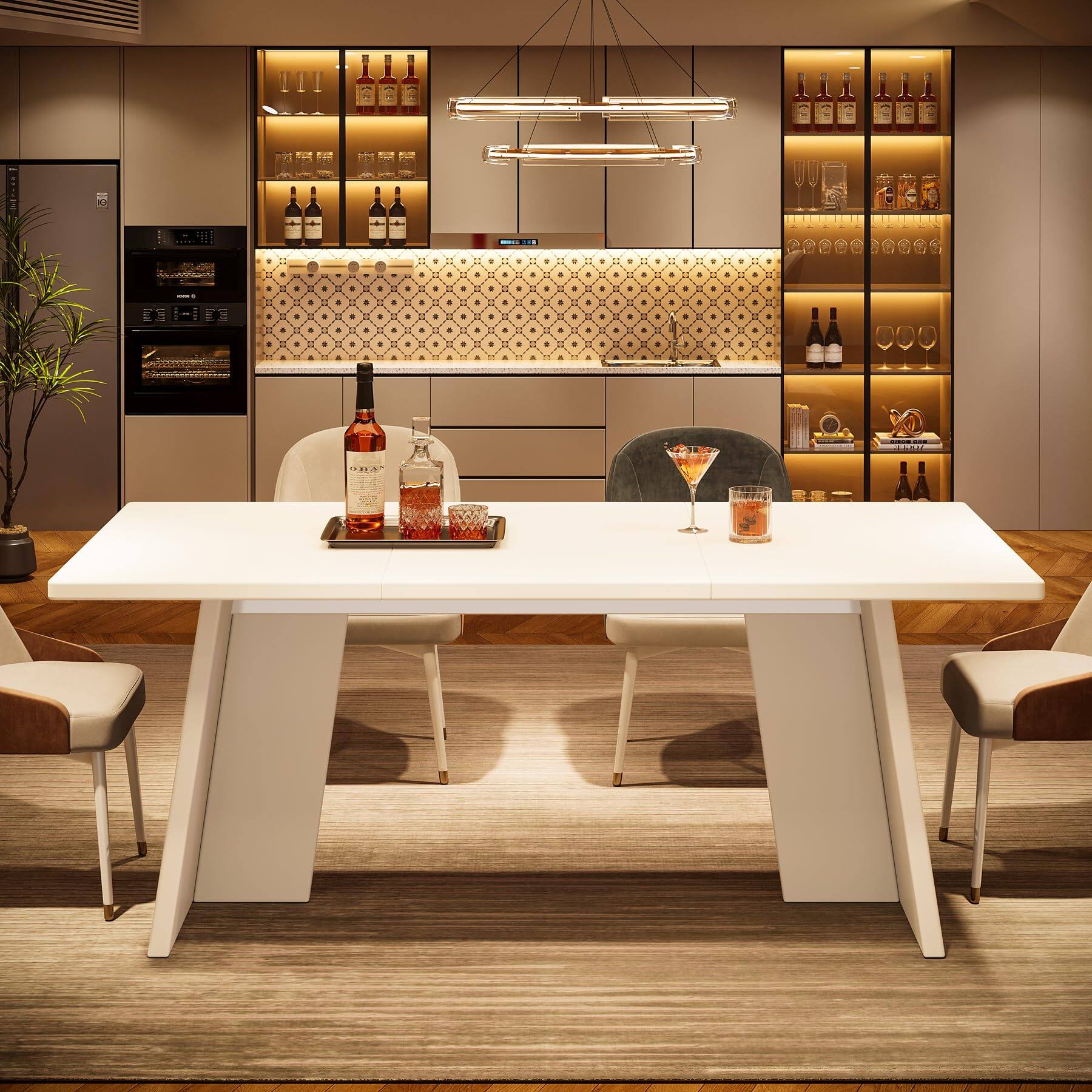 Left. Tribesigns - White Dining Table, 63" Modern Kitchen Table with Glossy Tabletop and Double Robust Pedestal, Large Rectangle Wooden Eat - White.