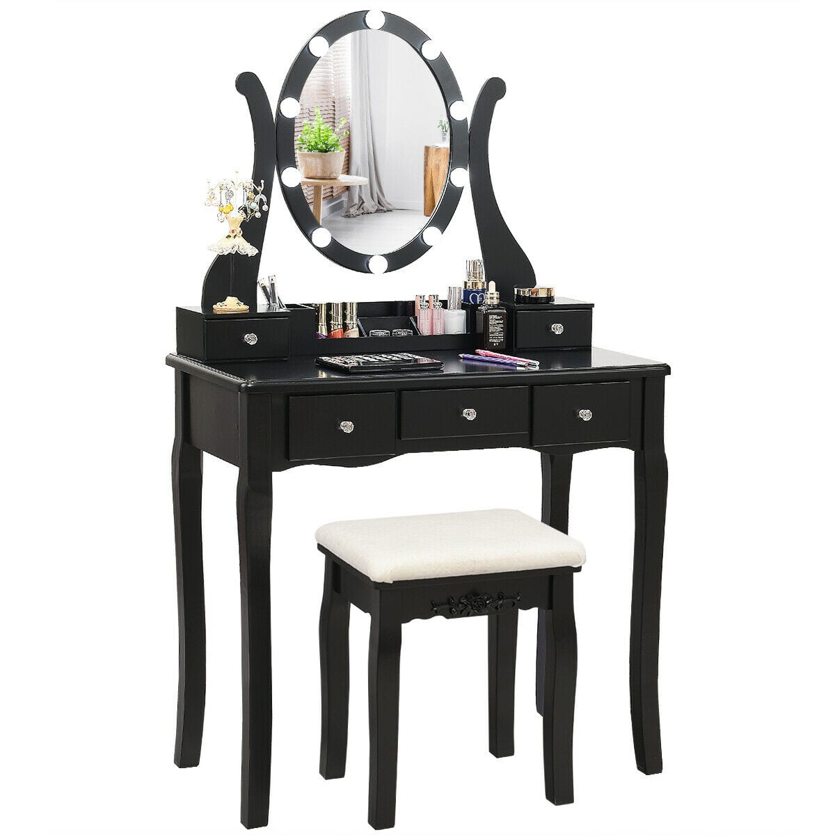 Ecooso - Vanity Desk with Lighted Mirror, 10 Dimmable LEDs and Smooth Storage Drawers - Black