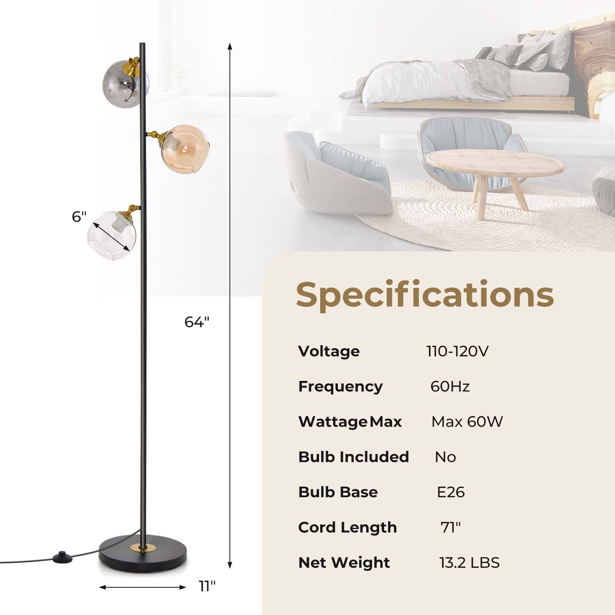 - Height: 64"
- Bulb Spacing: 6"
- Base Diameter: 11"

Specifications:
- Voltage: 110-120V
- Frequency: 60Hz
- Wattage Max: Max 60W
- Bulb Included: No
- Bulb Base: E26
- Cord Length: 71"
- Net Weight: 13.2 LBS