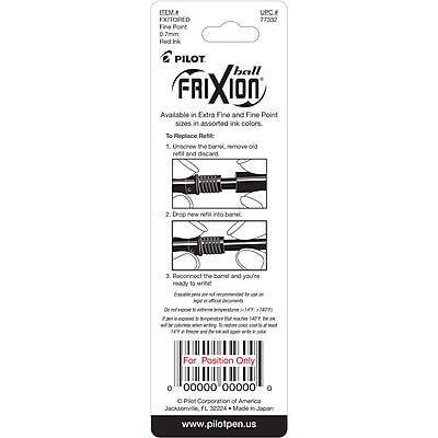 **ITEM & UPC:**
- ITEM: 77332
- UPC: 77332

**EXTIRED:**
- 07/2024

**PRODUCT DETAILS:**
- Fine Point 0.7mm Red Ink
- PILOT ball FAIXION
- Available in Extra Fine and Fine Point sizes in assorted ink colors.

**To Replace Refill:**
1. Unscrew the barrel, remove old refill and discard.
2. Drop new refill into barrel.
3. Reconnect the barrel and you're ready to write.

**Note:**
- Extra fine refills are recommended for use on paper.
- For replacement, see instructions on back.

**For Position Only:**
- 000000 000000

**PILOT CORPORATION OF AMERICA:**
- Jacksonville, FL 32224
- Made in Japan

**Website:**
- www.pilotpen.us