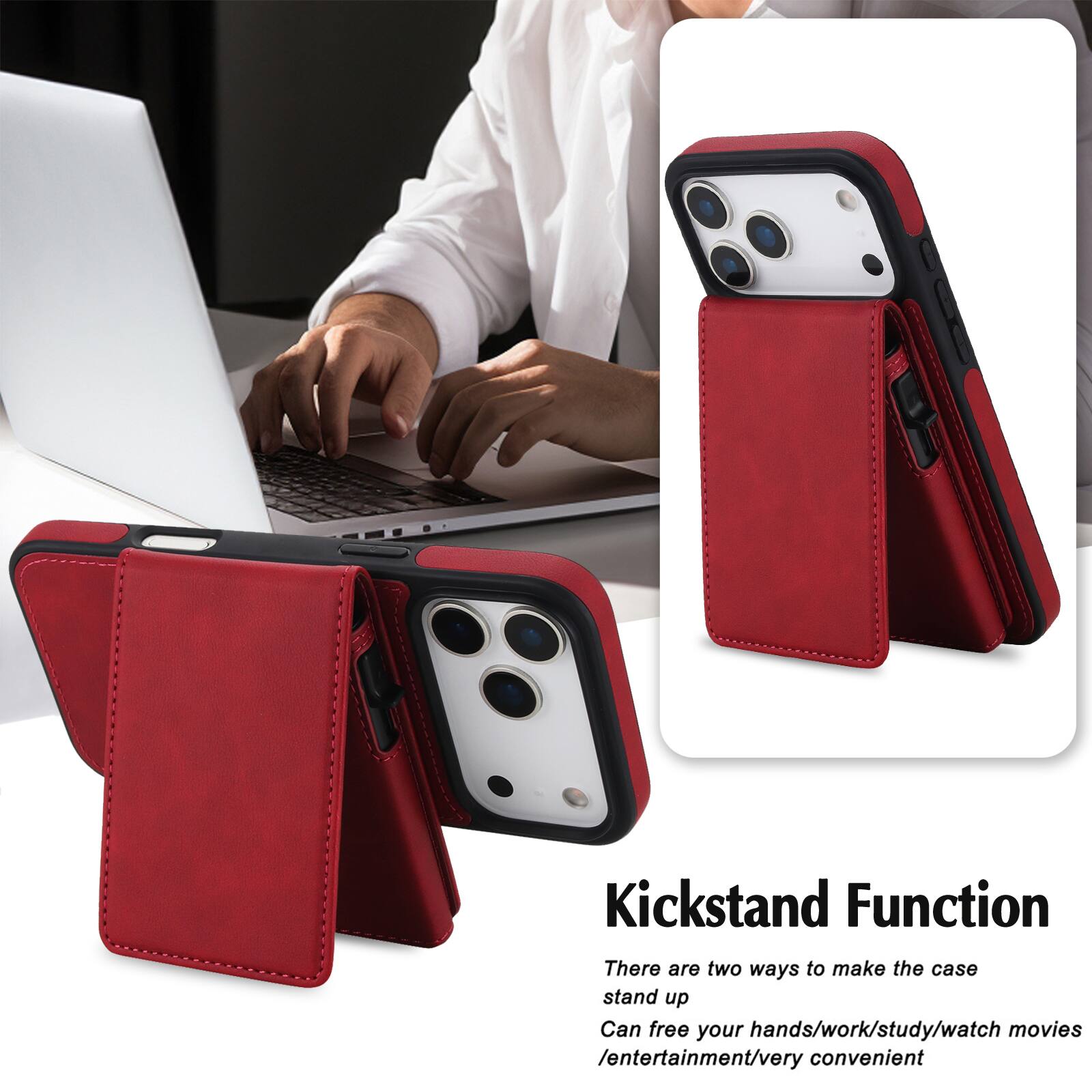 Kickstand Function

There are two ways to make the case stand up. Can free your hands/work/study/watch movies/entertainment/very convenient