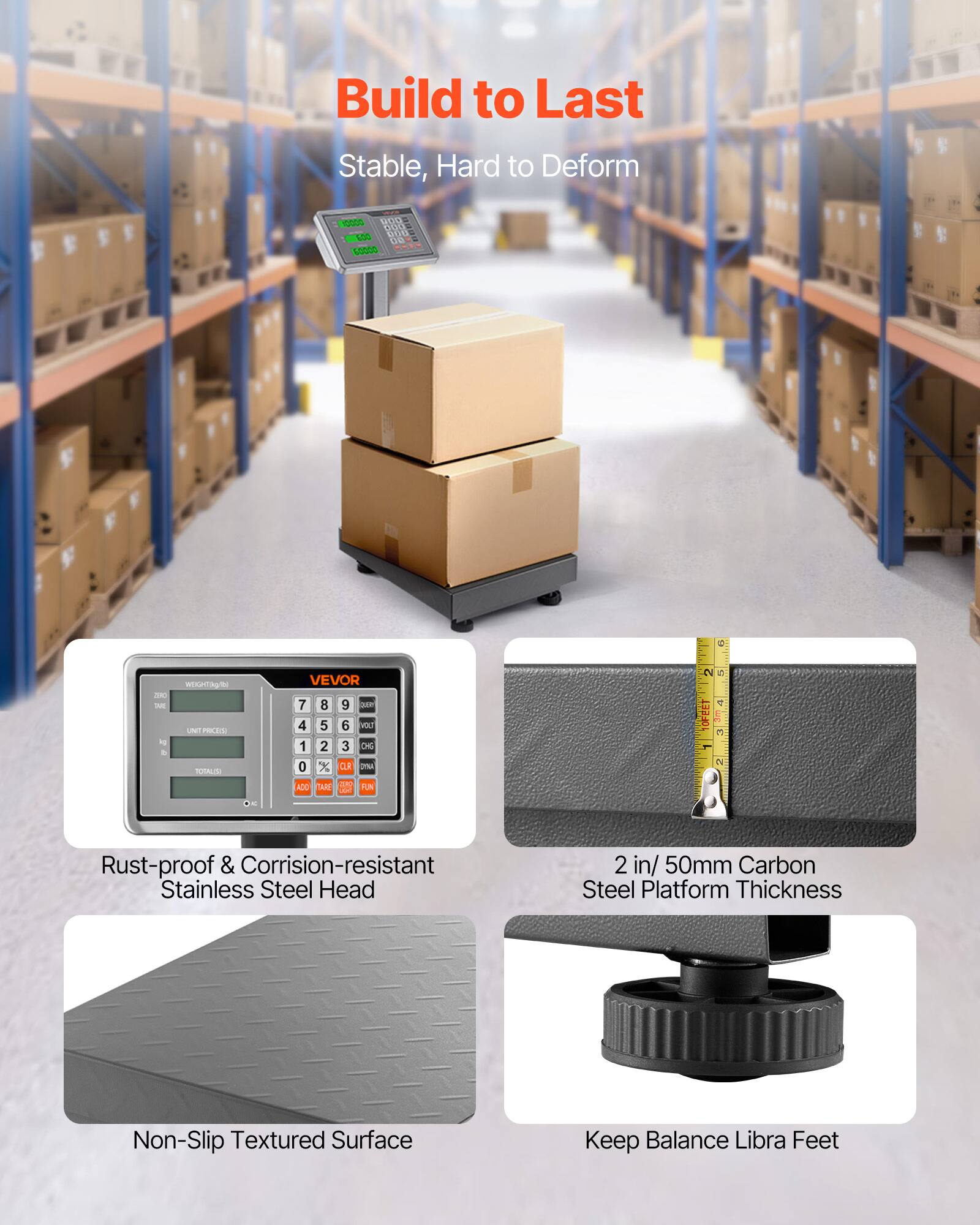 Build to Last  
Stable, Hard to Deform  

- Rust-proof & Corrosion-resistant Stainless Steel Head  
- 2 in/50mm Carbon Steel Platform Thickness  
- Non-Slip Textured Surface  
- Keep Balance Libra Feet