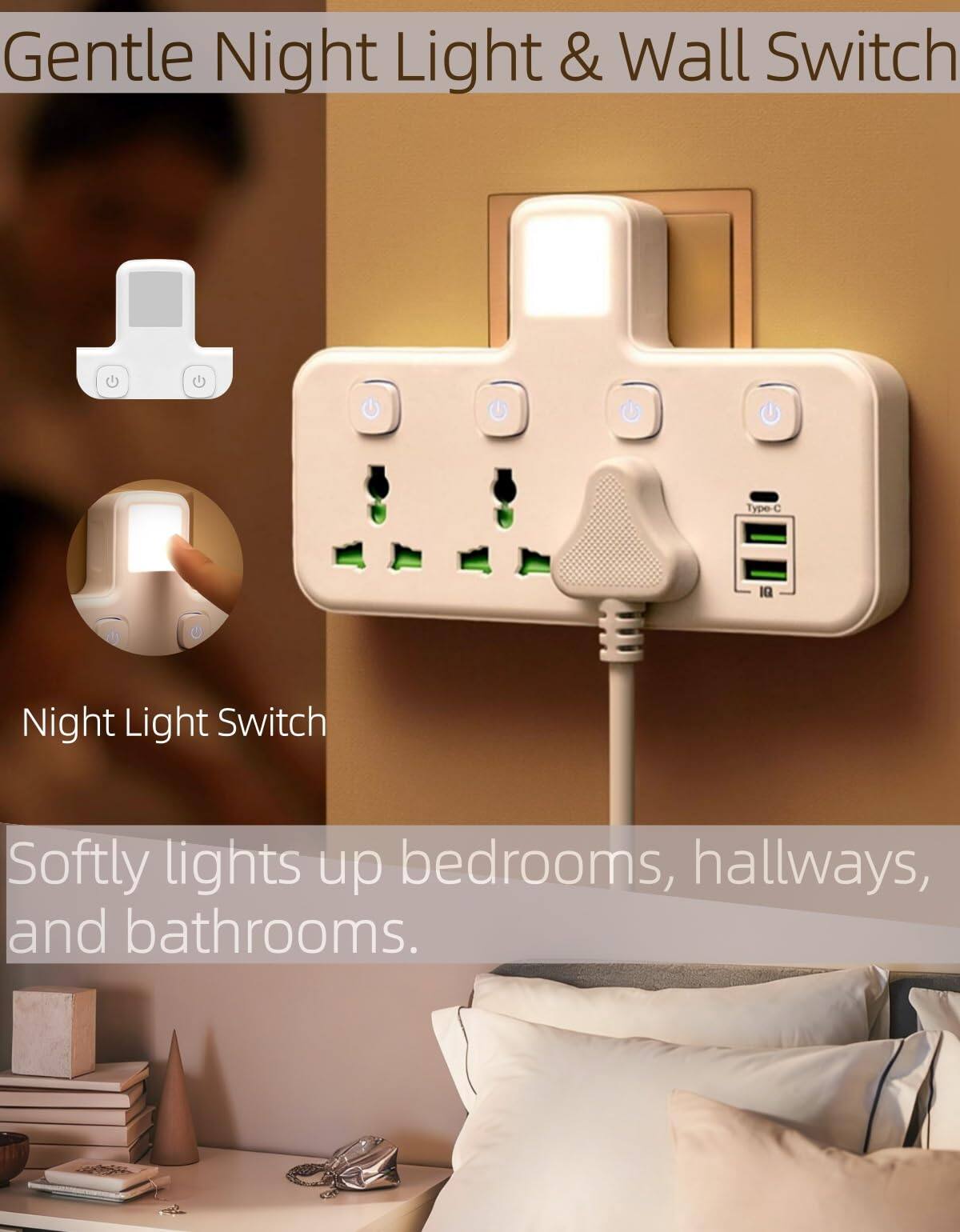 Gentle Night Light & Wall Switch  
Night Light Switch  
Softly lights up bedrooms, hallways, and bathrooms.