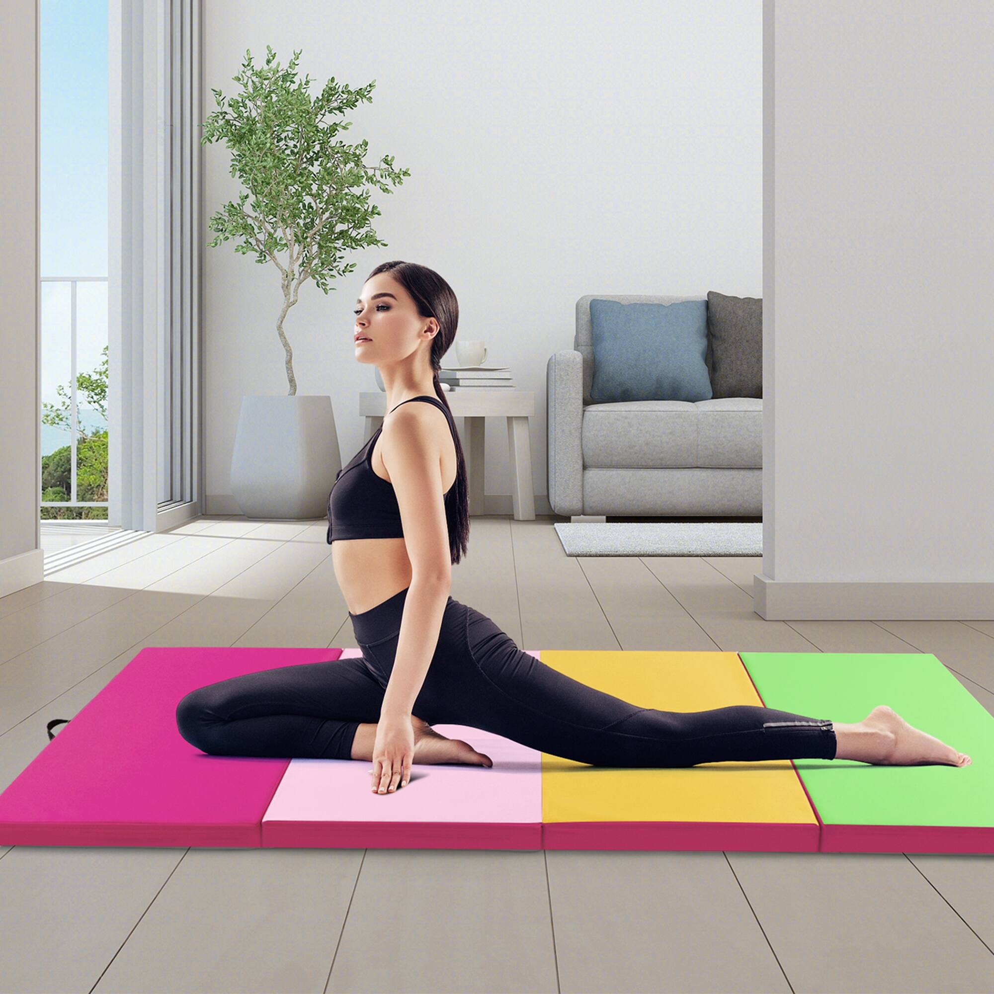 Alt View 1. Costway - Costway 10' x 4' x 2" 4-Panel Folding Exercise Mat with Carrying Handles for Gym Yoga - Pink,Yellow.