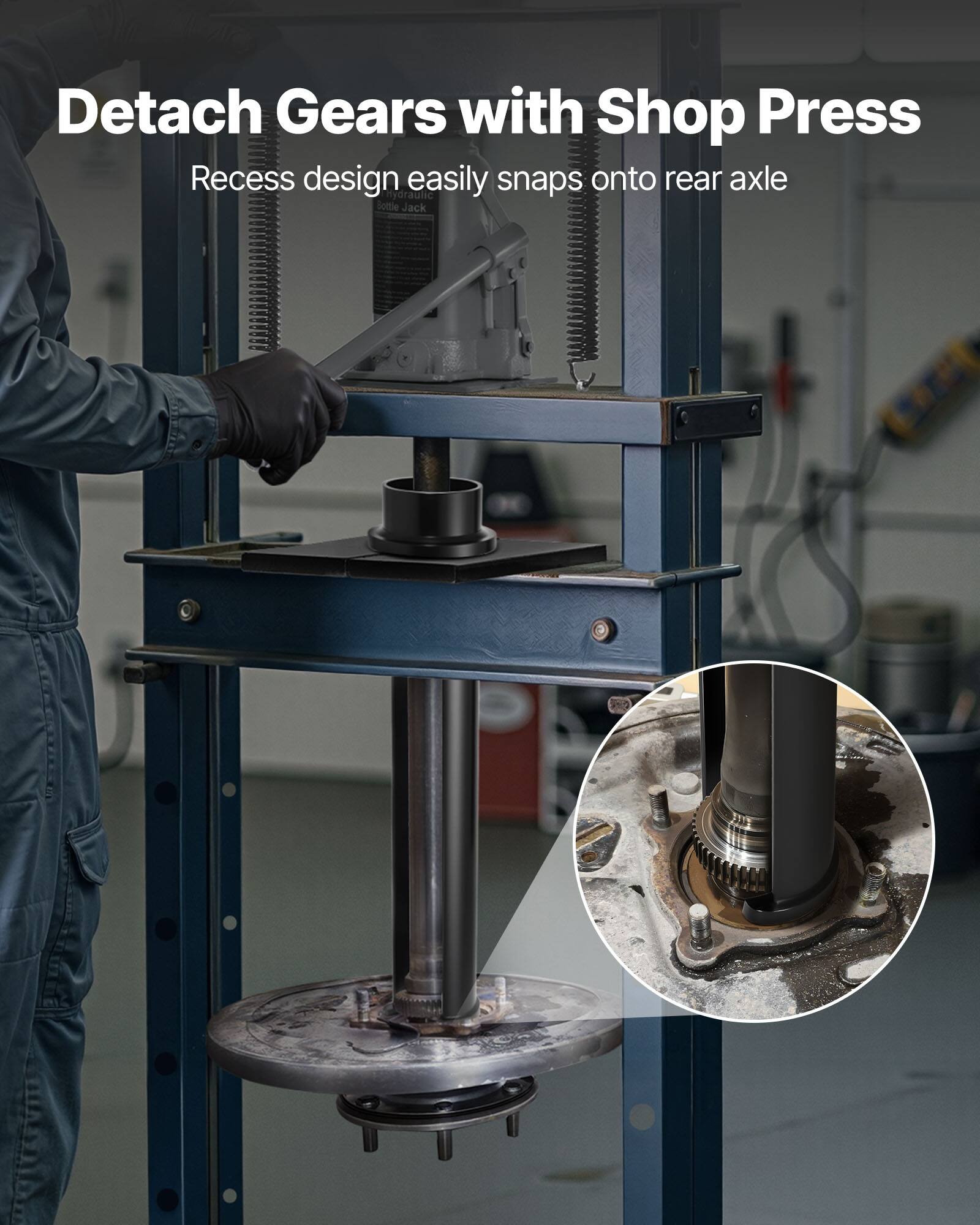 Detach Gears with Shop Press  
Recess design easily snaps onto rear axle