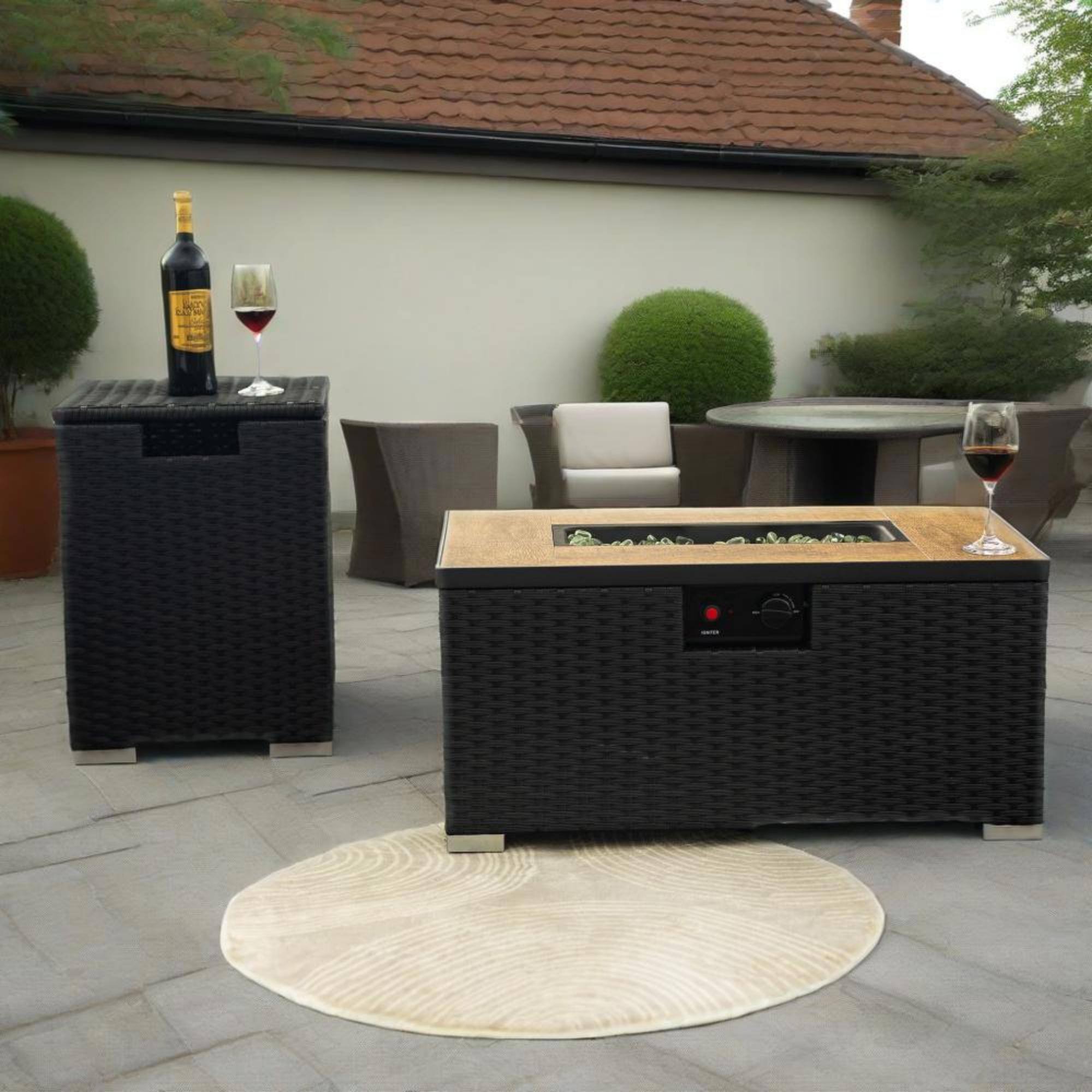 Back. Spaco - 32" Propane Fire Pit Table with Tank Cover, 50000 BTU Rectangular Steel Firepit with Wicker Base - Dark Gray.