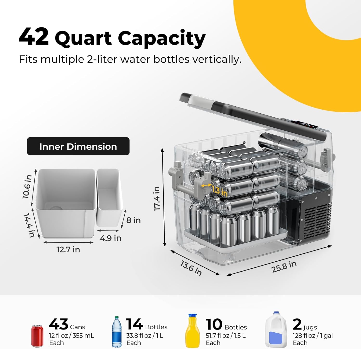 42 Quart Capacity  
Fits multiple 2-liter water bottles vertically.

Inner Dimension  
10.6 in x 14.4 in x 12.7 in x 4.9 in x 8 in x 17.4 in x 13 in x 13.6 in x 25.8 in

43 Cans  
12 fl oz / 355 mL Each

14 Bottles  
33.8 fl oz / 1 L Each

10 Bottles  
51.7 fl oz / 1.5 L Each

2 jugs  
128 fl oz / 1 gal Each