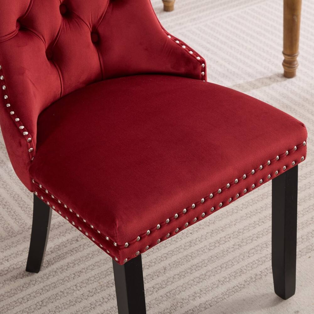 Alt View 7. Loheer - Loheer Burgundy Velvet Tufted Dining Chairs Set of 2 High Back Solid Wood Legs - Burgundy.