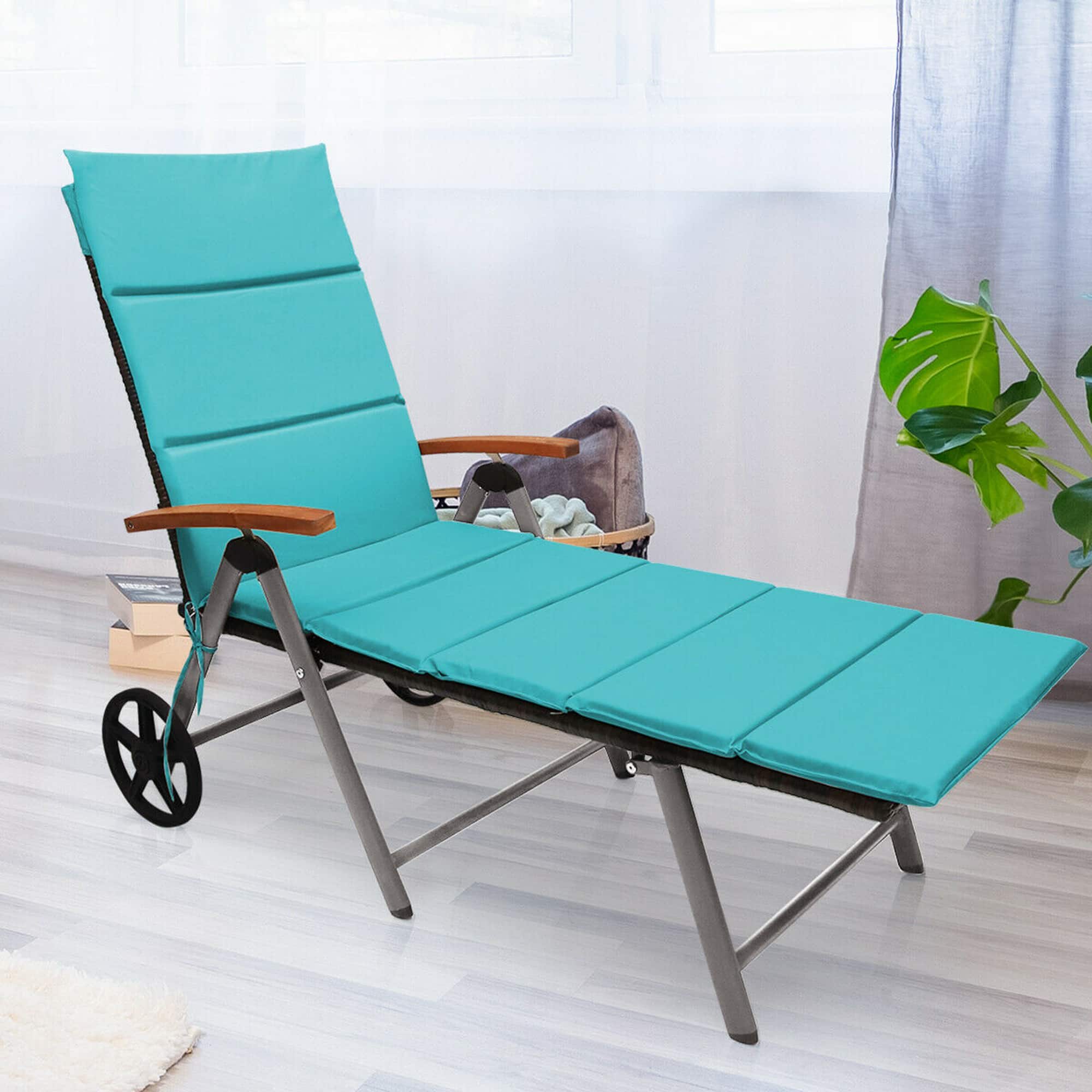 Gymax - Folding Patio Rattan Lounge Chair Cushioned Aluminum Adjust Wheel - Turquoise price history on PriceWatchPro