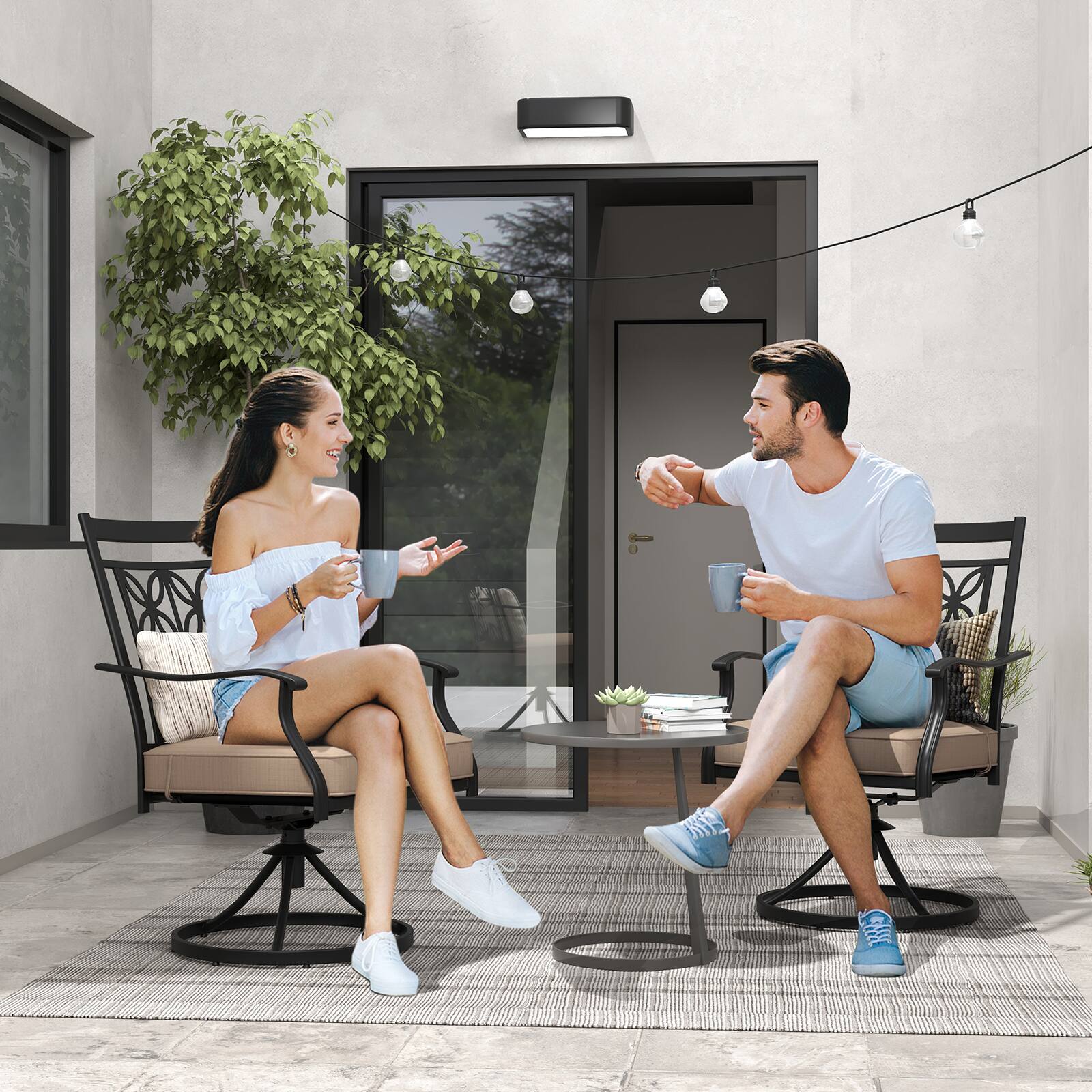 Alt View 1. Gymax - Gymax Patio Metal Swivel Chairs Set of 4 Fabric Bistro Rocker Chairs w/ Curved Armrests - Black, khaki.