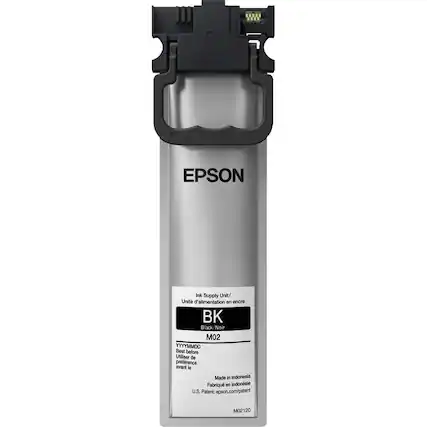 EPSON Ink Supply Unit/ Unit d'alimentation en encre BK Black/Noir M02 YYYYMMDD Best before Utiliser de préférence avant le Made in Indonesia Fabriqué en Indonésie U.S. Patent epson.com/patent M02120