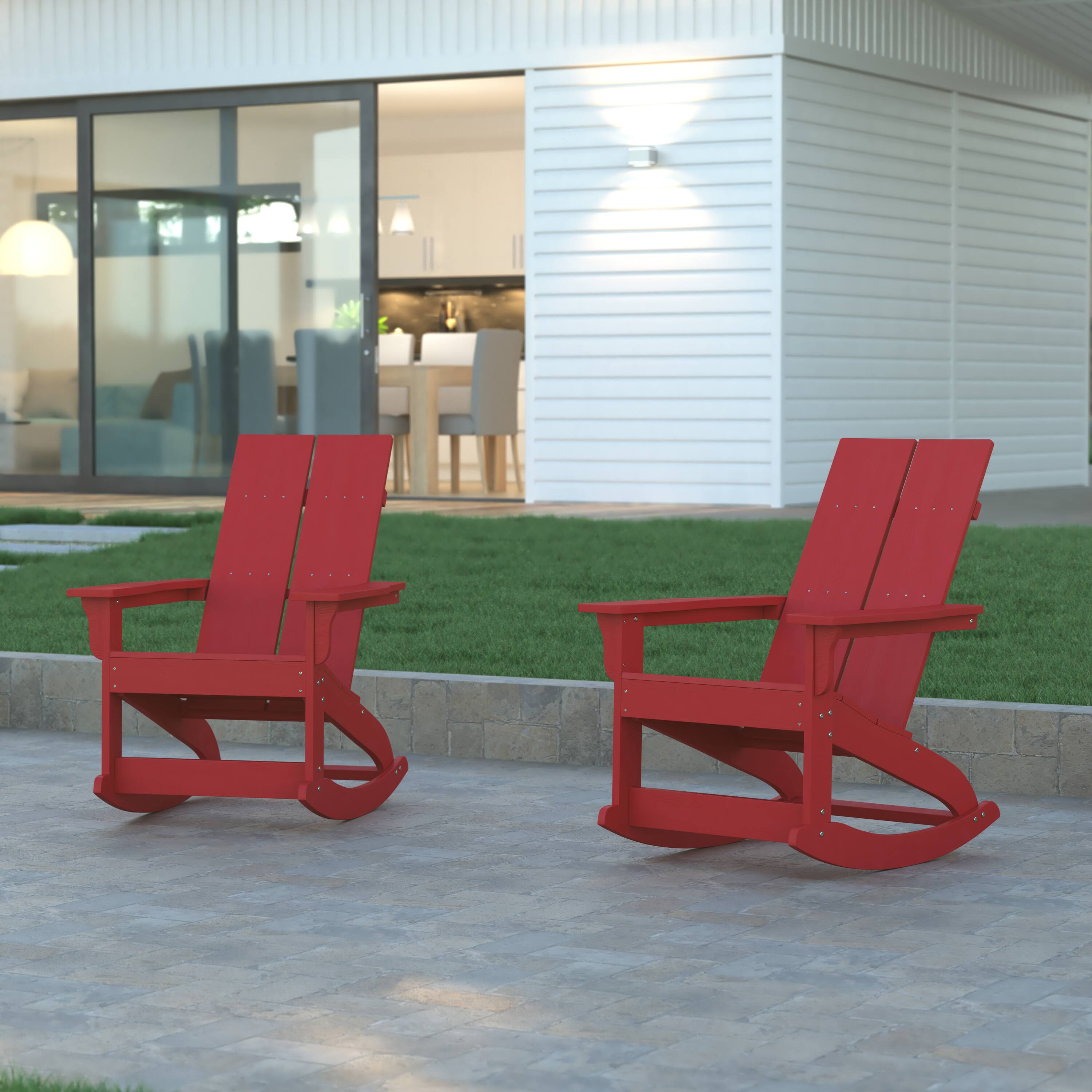 Alt View 2. Emma + Oliver - Set of 2 Modern All-Weather Poly Resin Adirondack Rocking Chairs for Indoor/Outdoor Use - Red.