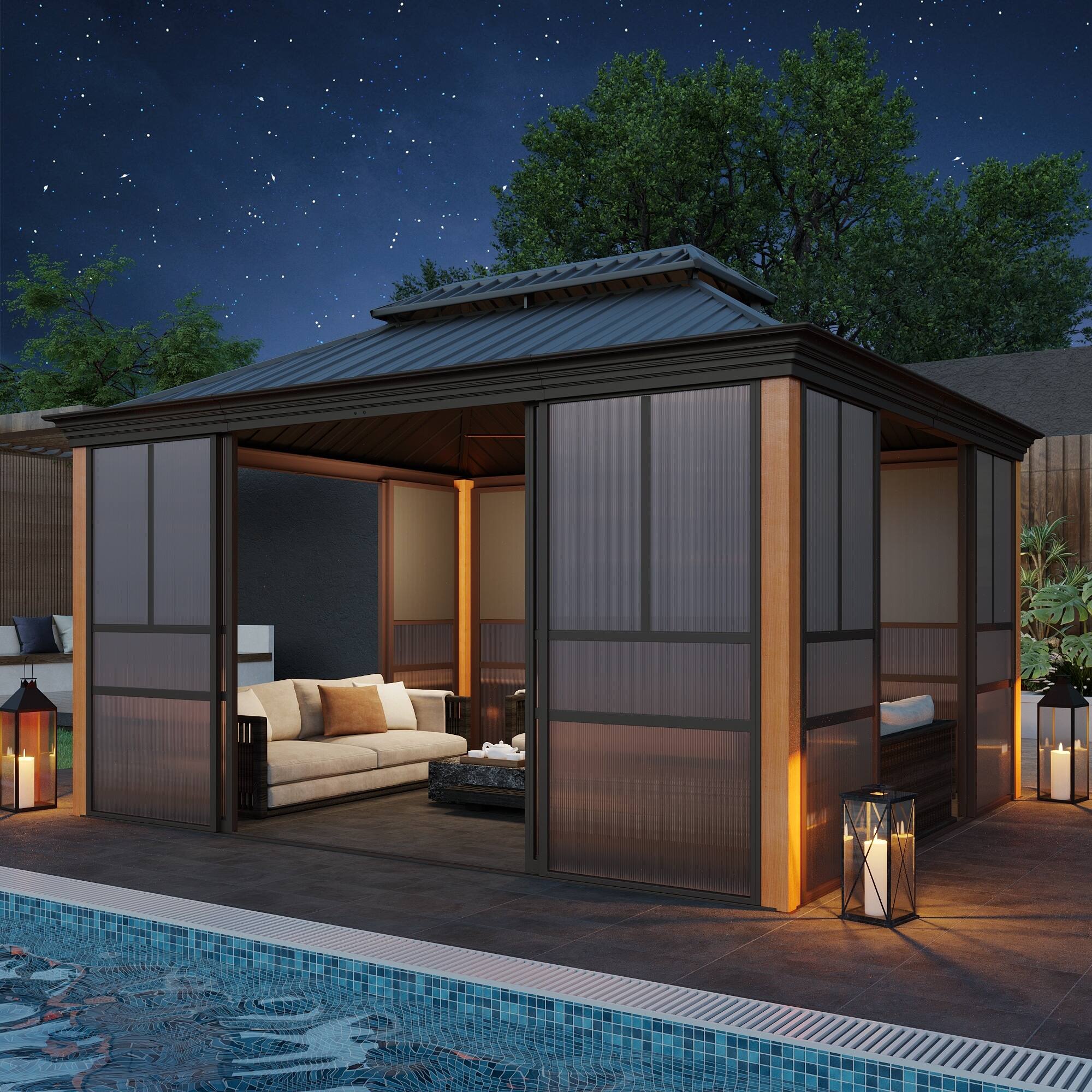 Alt View 6. U-HOMY - Hardtop Sunroom Gazebo with Double Steel Roof, Sliding Doors & Screens, All-Season Aluminum Pergola - 12' x 14'.