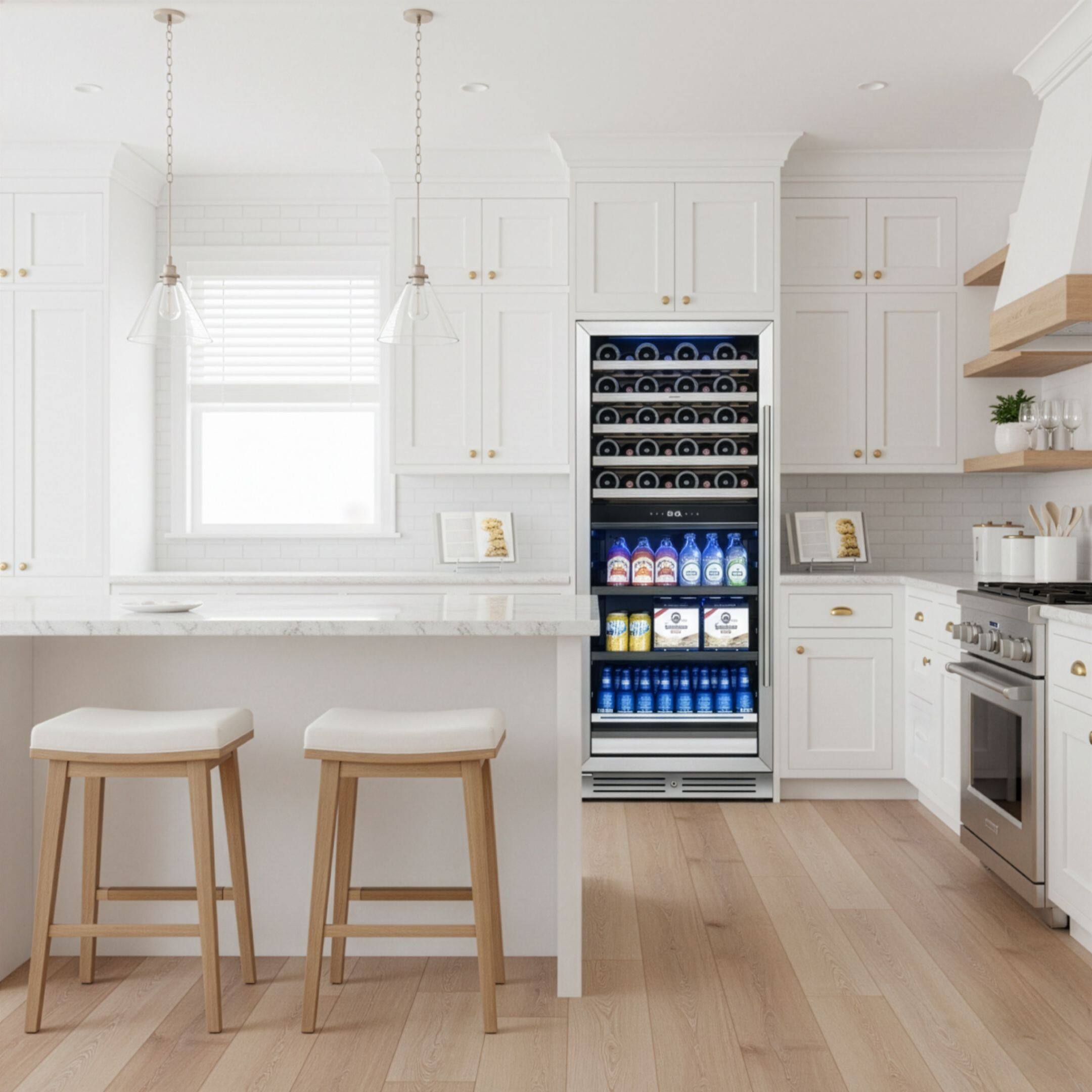 Left. Yeego - 24 Inch Built-In Dual Zone Wine Cooler Refrigerator, Holds 40 Bottles & 112 Cans, Stainless Steel, for Home, Bar, Office - Stainless Steel.