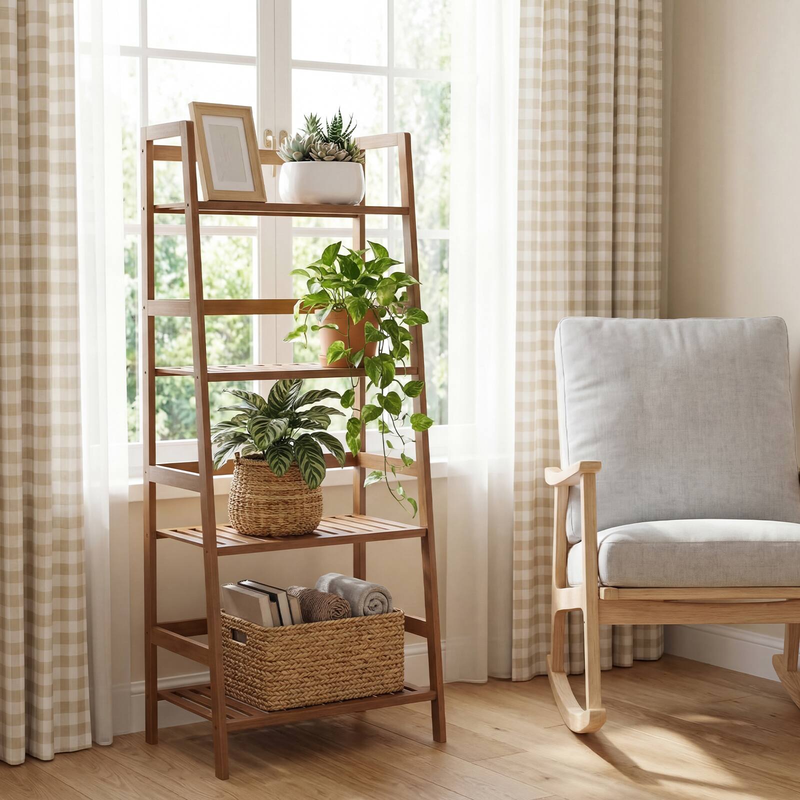 Alt View 4. Gymax - Gymax 4-Tier Bamboo Ladder Shelf Plant Display Stand Rack Bookshelf Natural - Brown.