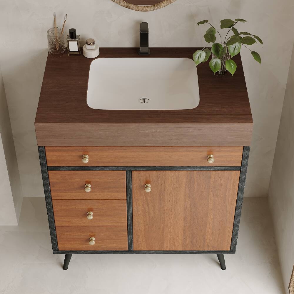 Left. Loheer - Loheer 30 inch bathroom vanity with sink Walnut Mid-Century Modern Freestanding Cabinet - Walnut.