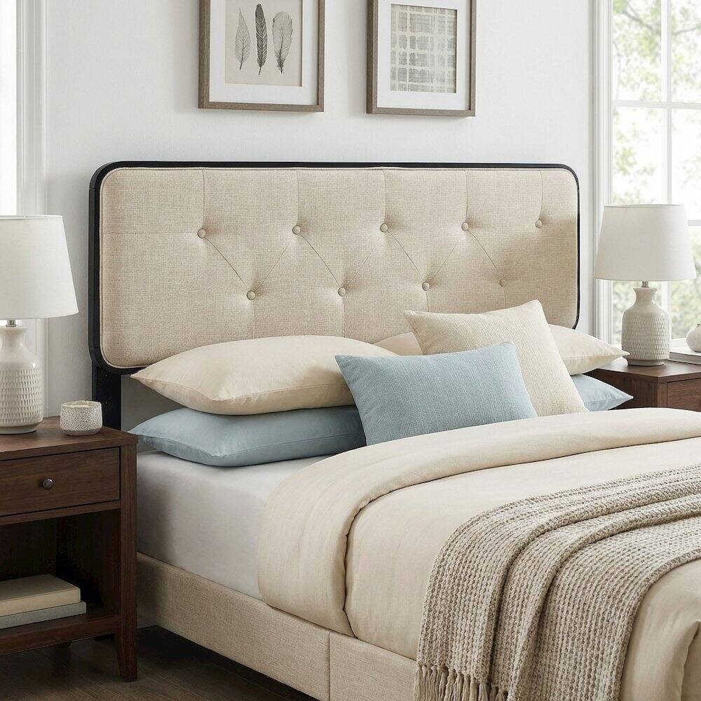 Left. FurniFact - Tufted Fabric Full Headboard with Wooden Frame for Stylish Bedroom - Black.