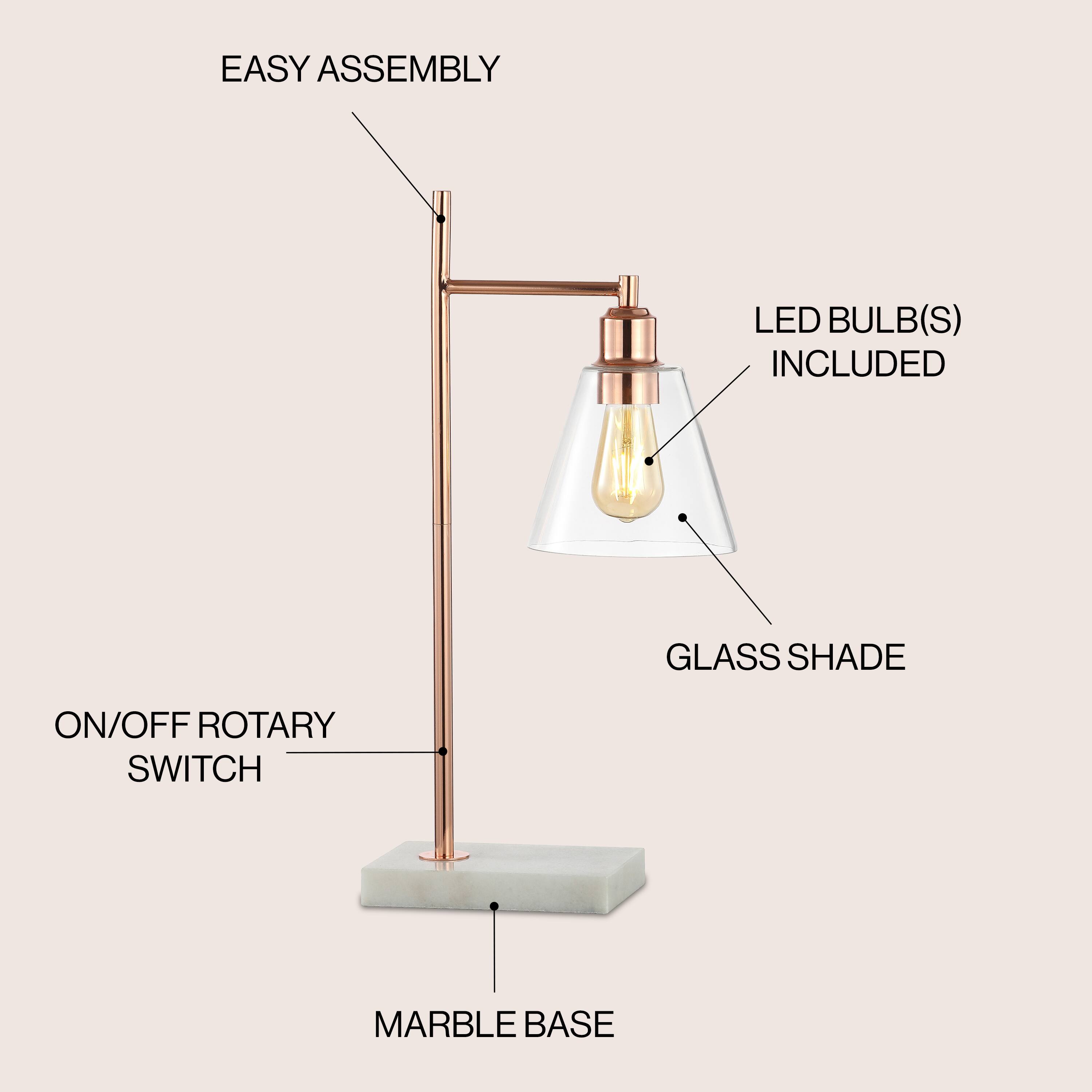 EASY ASSEMBLY  
LED BULB(S) INCLUDED  
GLASS SHADE  
ON/OFF ROTARY SWITCH  
MARBLE BASE