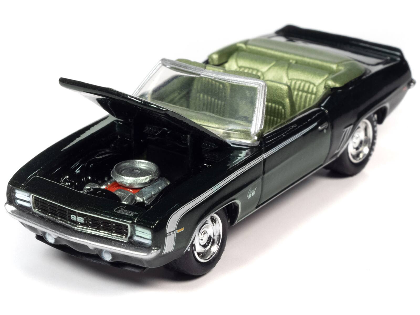Angle. Johnny Lightning - 1969 Chevrolet Camaro RS/SS Convertible Fathom Green Metallic White Stripes Light Green Interior Limited 2524pcs 1/64 - Green Metallic with White Stripes, Light Green.