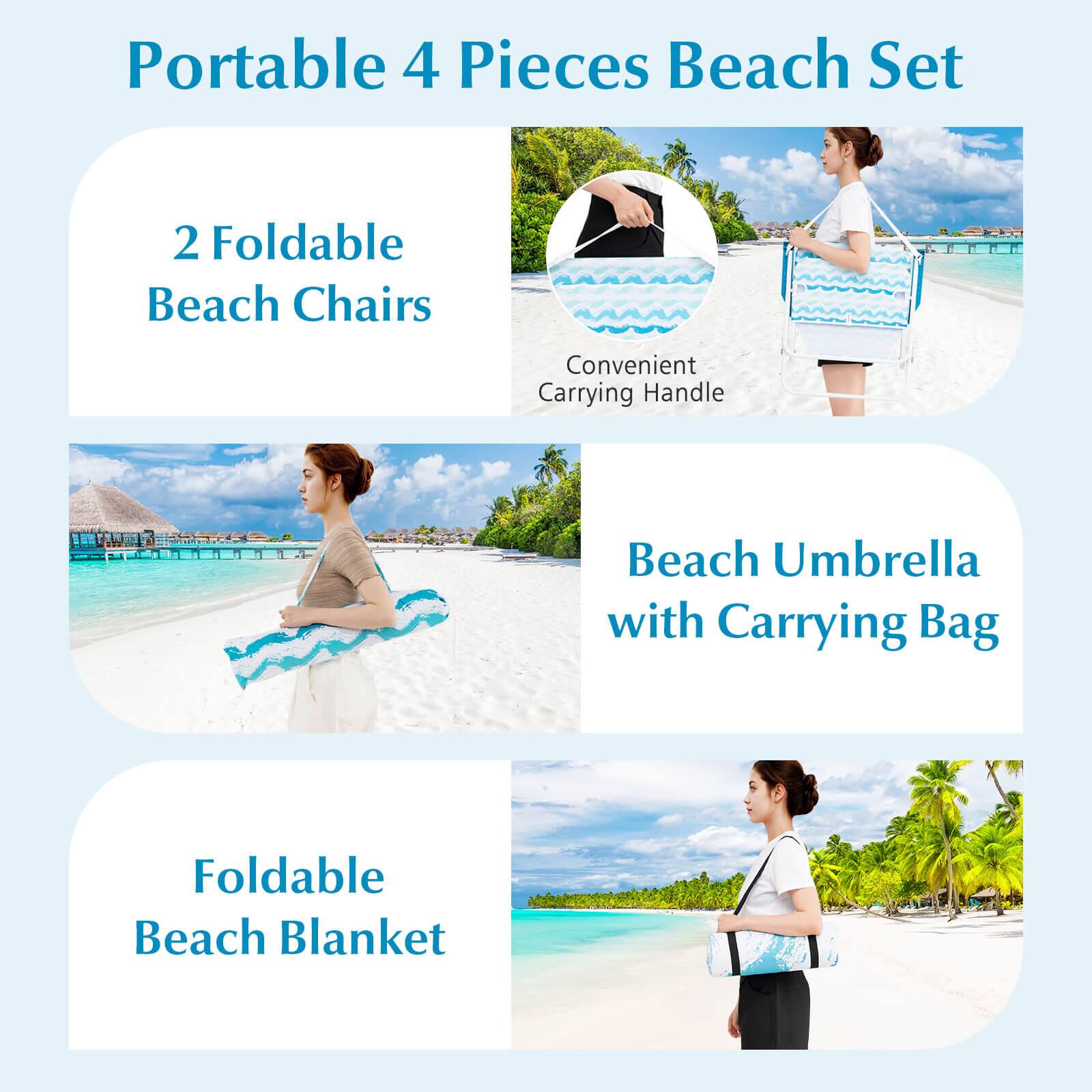 Portable 4 Pieces Beach Set

- 2 Foldable Beach Chairs
- Convenient Carrying Handle
- Beach Umbrella with Carrying Bag
- Foldable Beach Blanket