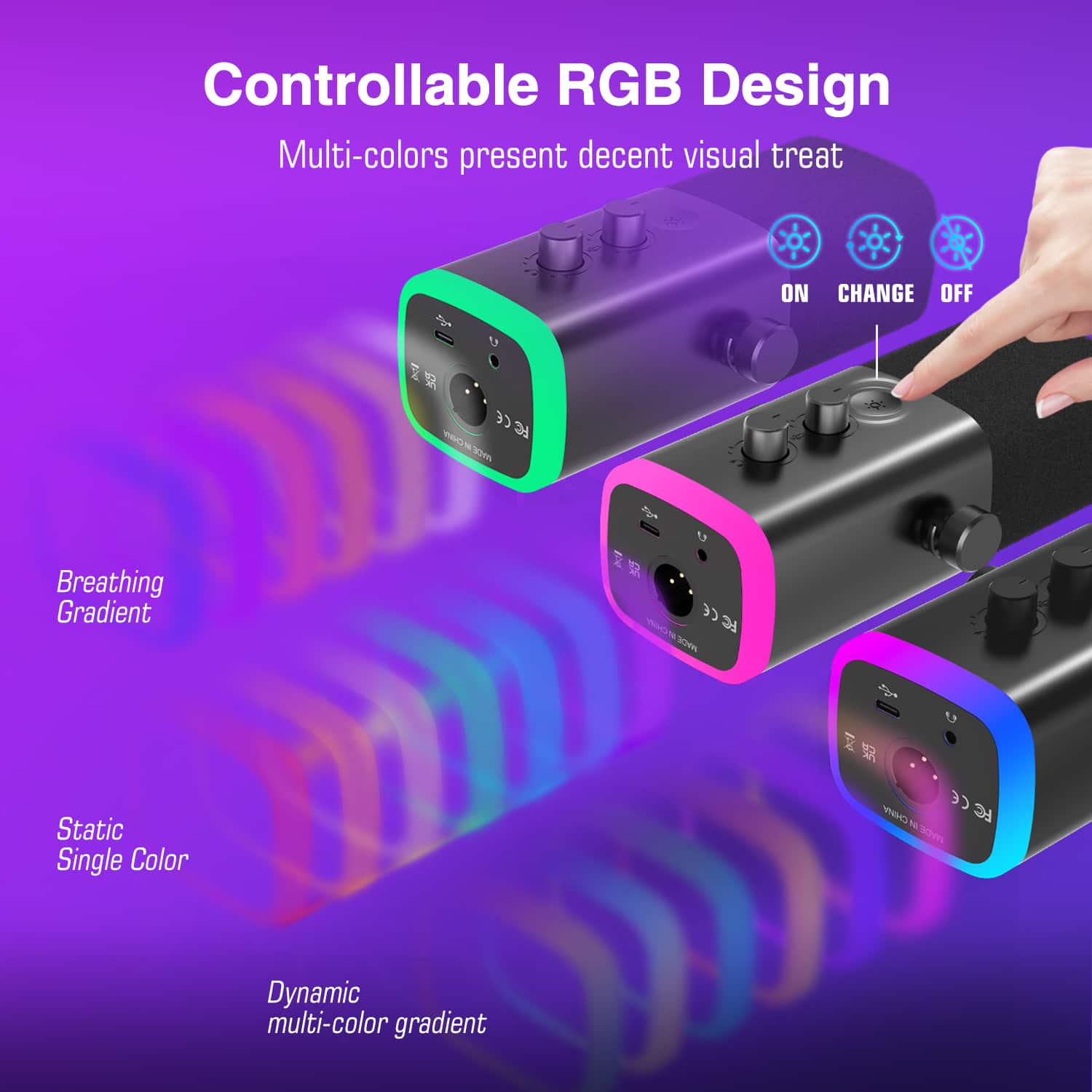 Controllable RGB Design: Multi-colors present decent visual treat. ON/OFF button. CE RC. 1m U Breathing Gradient. cc. No Fade. Static Single Color. CE CHRPY FC YE WO. Dynamic multi-color gradient.