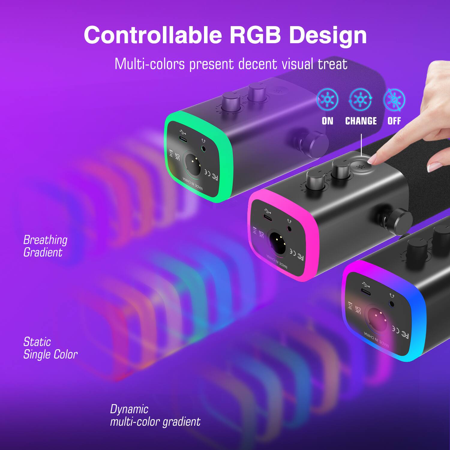 Controllable RGB Design: Multi-colors present decent visual treat. ON/OFF button. CE RC. 1m U Breathing Gradient. cc. No Fade. Static Single Color. CE CHRPY FC YE WO. Dynamic multi-color gradient.