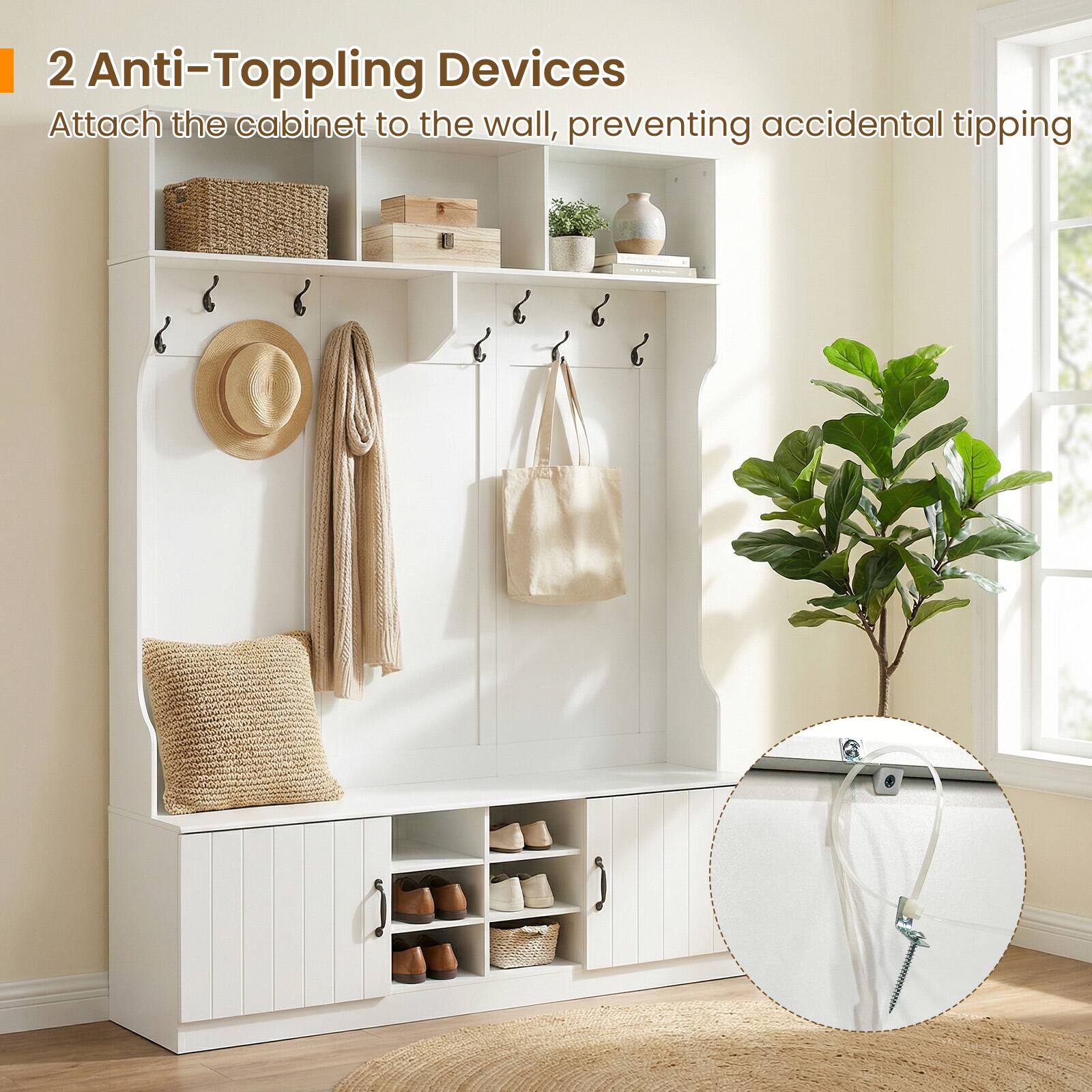 2 Anti-Toppling Devices  
Attach the cabinet to the wall, preventing accidental tipping