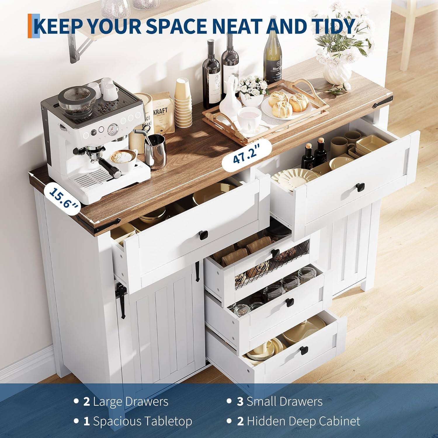 KEEP YOUR SPACE NEAT AND TIDY

15.6" x 47.2"

- 2 Large Drawers
- 1 Spacious Tabletop
- 3 Small Drawers
- 2 Hidden Deep Cabinet