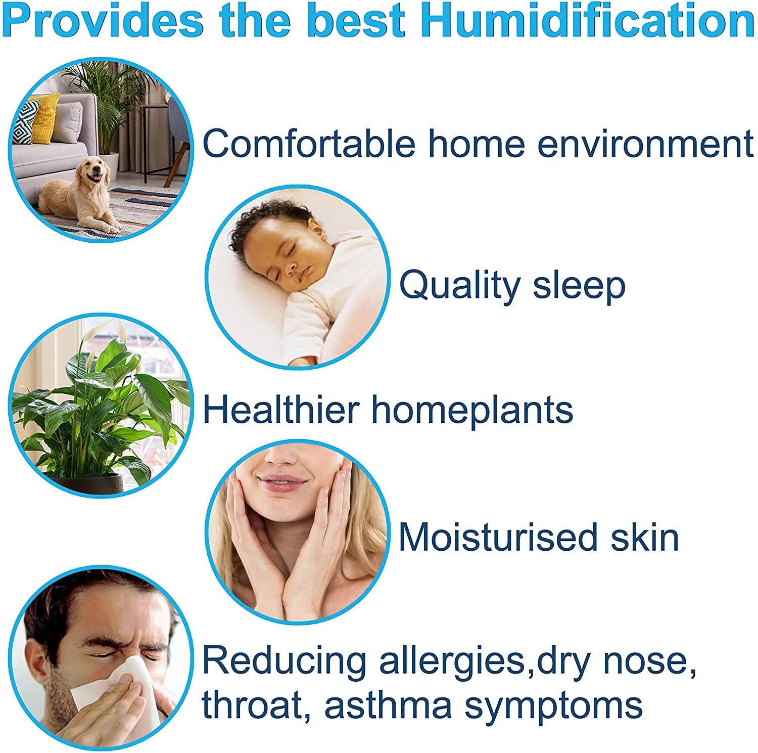 Provides the best Humidification  
- Comfortable home environment  
- Quality sleep  
- Healthier homeplants  
- Moisturised skin  
- Reducing allergies, dry nose, throat, asthma symptoms