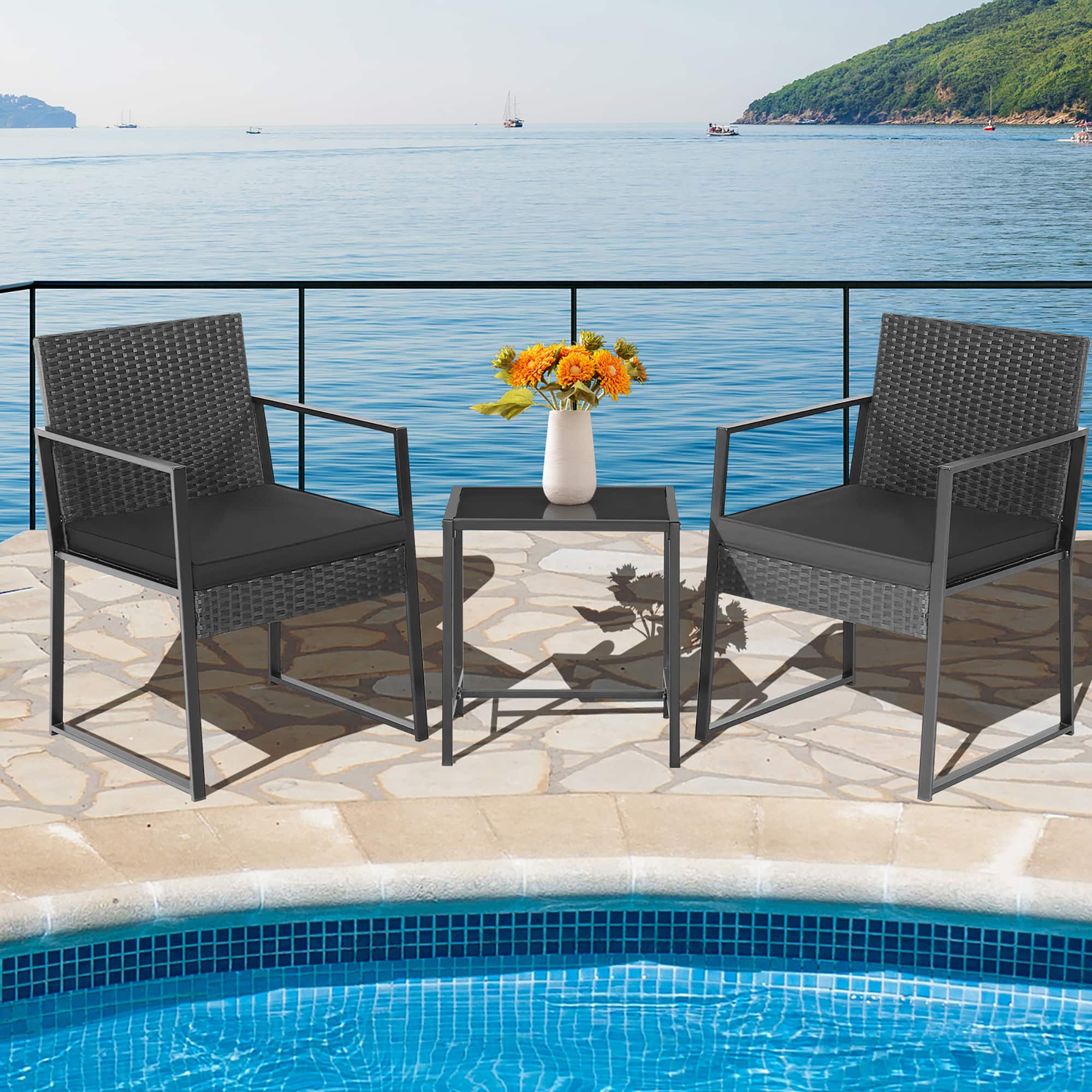 Gymax - 3PCS Patio Rattan PE Wicker Bistro Set Outdoor Furniture Set w/ Table & Cushion - Black