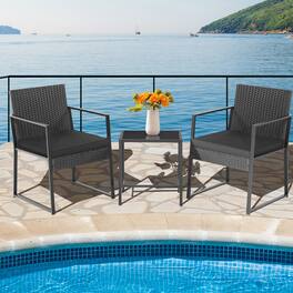 Gymax - 3PCS Patio Rattan PE Wicker Bistro Set Outdoor Furniture Set w/ Table & Cushion - Black