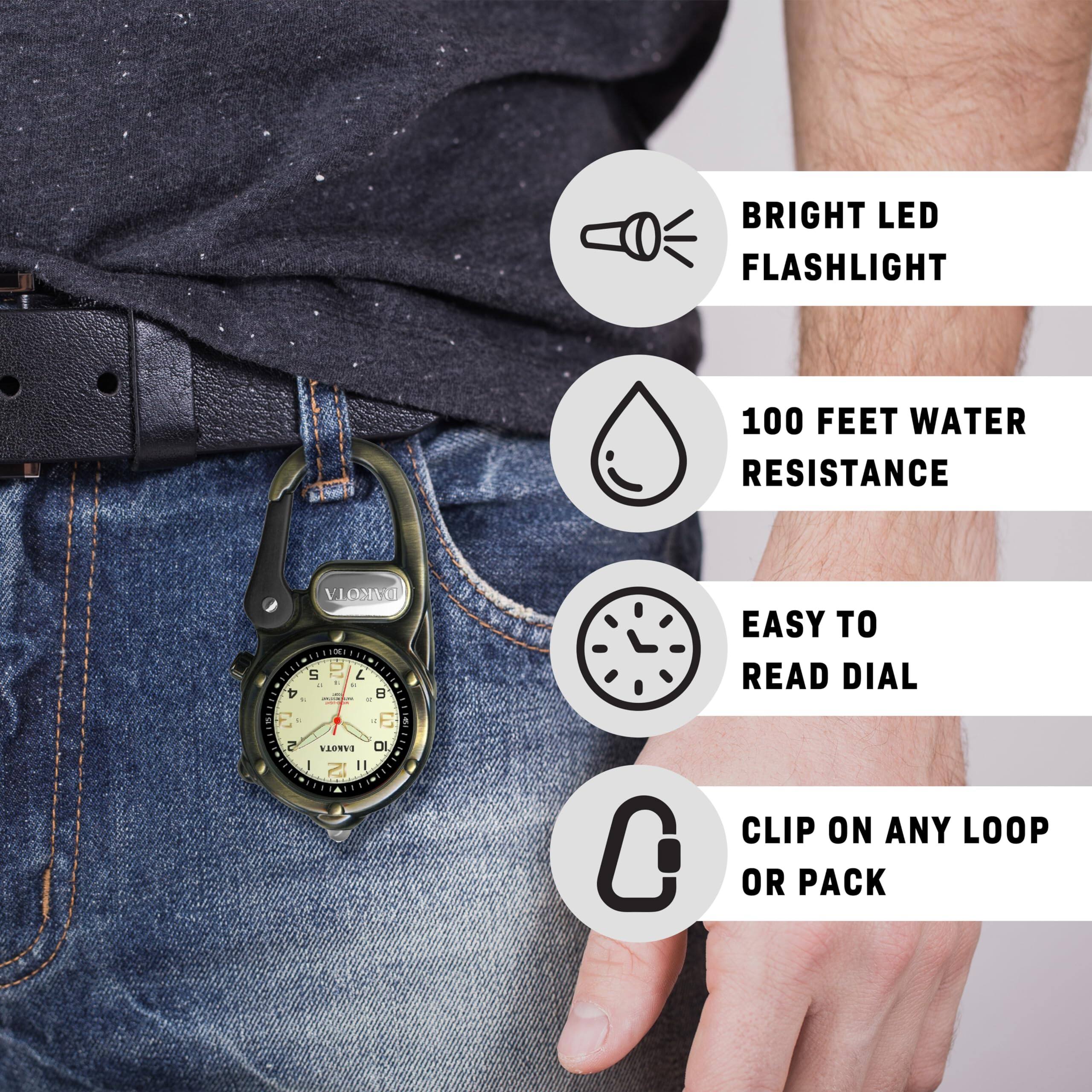 BRIGHT LED FLASHLIGHT  
100 FEET WATER RESISTANCE  
EASY TO READ DIAL  
CLIP ON ANY LOOP OR PACK