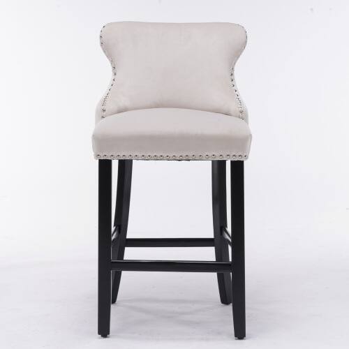 Angle. LUCKY ONE - Assembled Wing-Back Velvet Bar Stool Set of 2 Button Tufted Wood Legs Chrome Nailhead Trim - Beige.